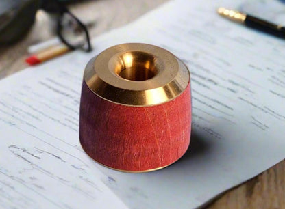 Curly Maple Red (Pink) Wooden Pen and Pencil Stand with a Classic Brass Cap