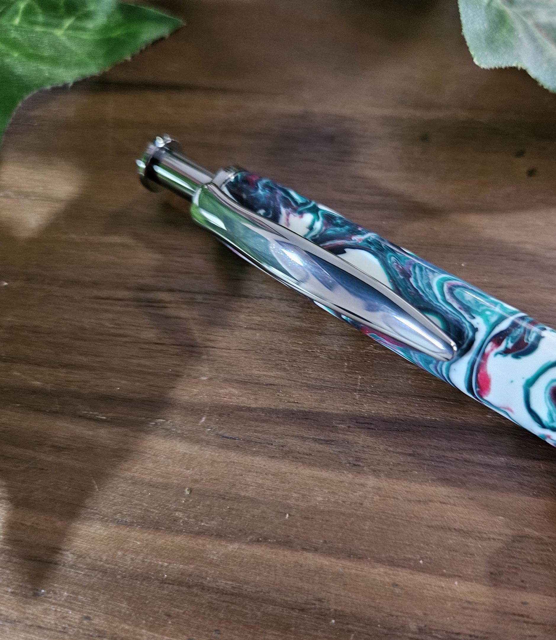 Christmas Swirl Red Green and White Long Click Pen with a Gunmetal Pen Kit