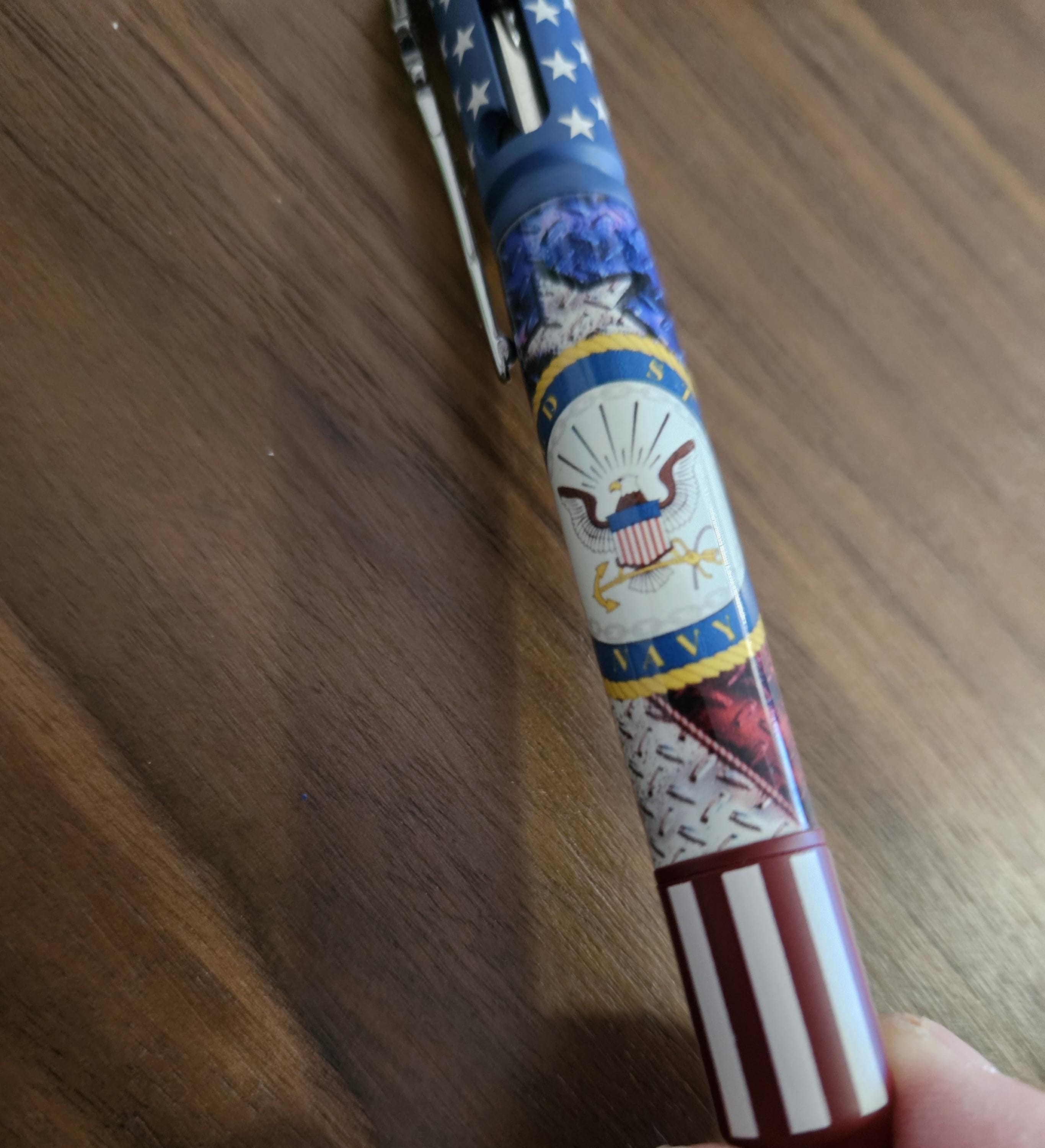 Refillable Bolt Action Pen, Navy Emblem, Label Cast, American Flag, Ceramic & Chrome Accessories, Veteran and Active Duty, Stars and Stripes