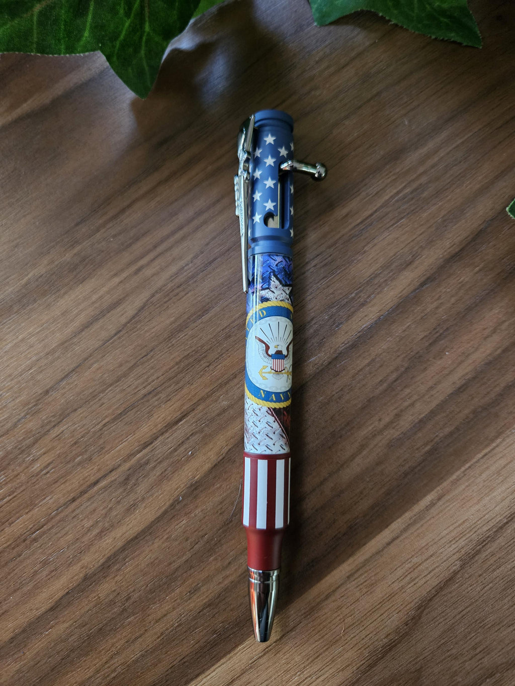 Refillable Bolt Action Pen, Navy Emblem, Label Cast, American Flag, Ceramic & Chrome Accessories, Veteran and Active Duty, Stars and Stripes