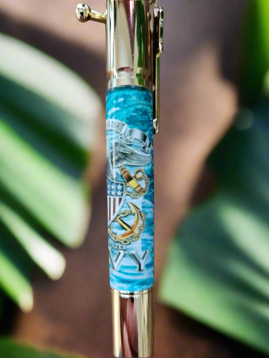 Refillable Bolt-Action Pen, The Sea is Ours, Navy Emblem, Gold Accents, Teal Background, Veterans, Active Duty, Patriotic, Medium Tip 1.7 oz