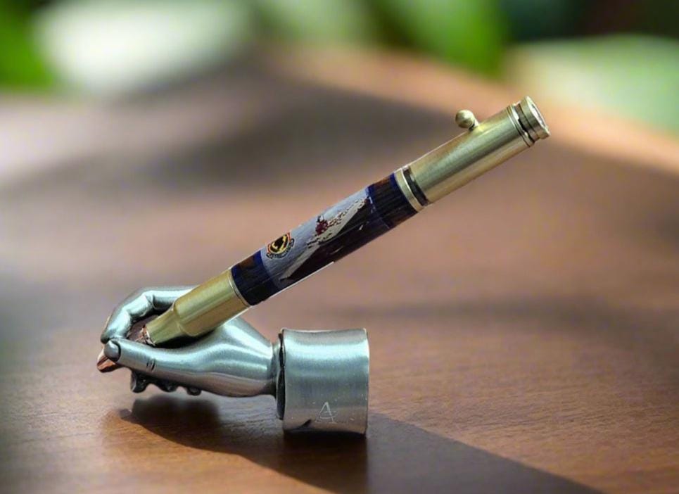 Refillable Ballpoint Pen, USS Forrestal Ship. Rifle Pen Clip, Antique Brass & Redwood Segmentations from Officer's Country, Piece of History
