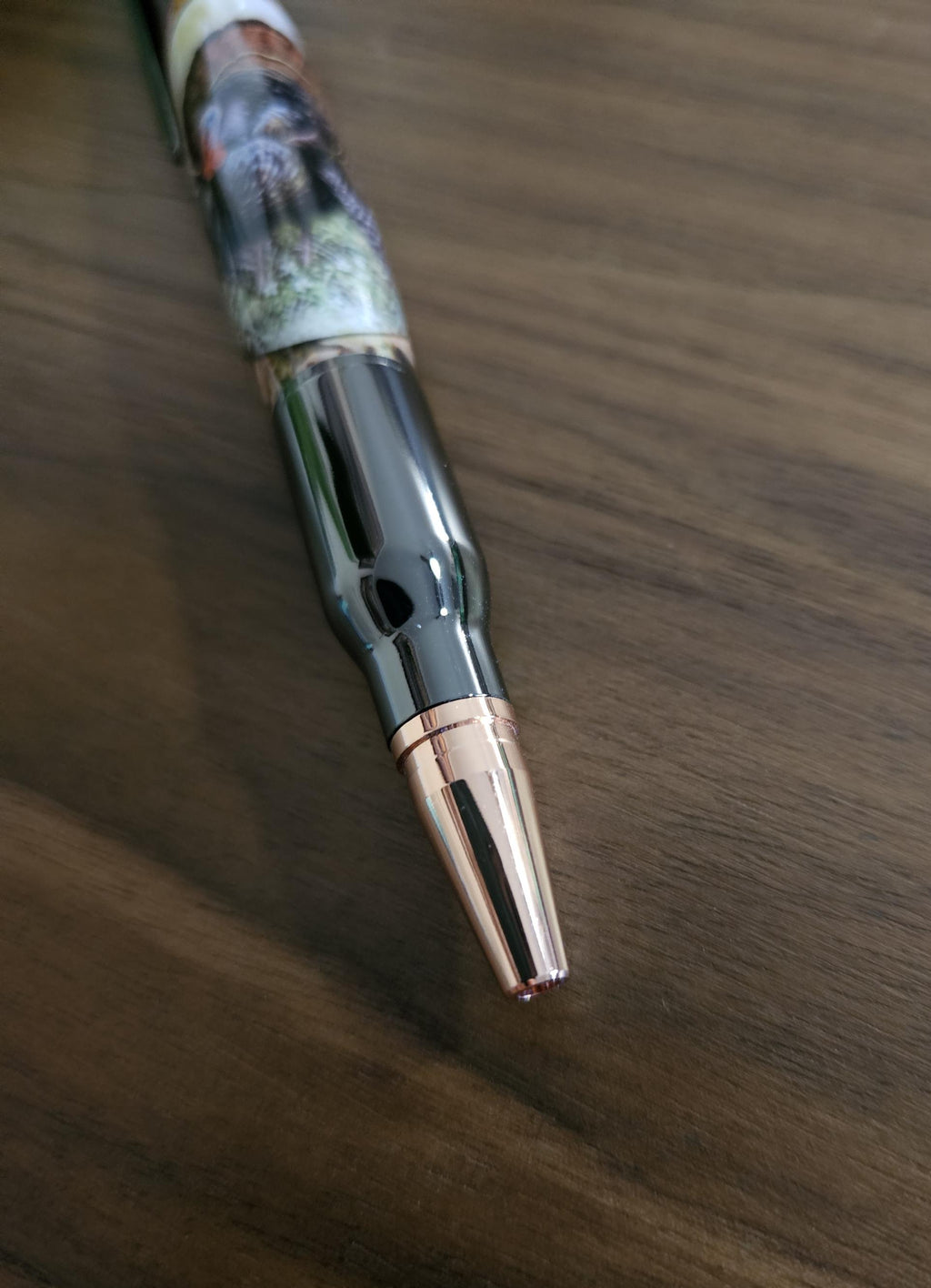 Refillable Ballpoint Pen, Turkey Hunters, Label Cast, Bolt Action, Hunters Rifle Clip, Gunmetal Accents, Fall Leaves, Outdoor Enthusiasts
