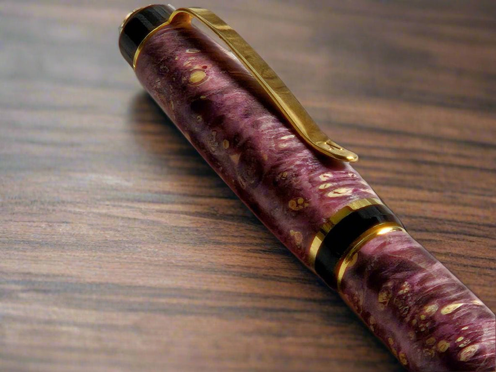 Box Elder Burl Purple Dyed Pen with a Gold Pen Kit and Black Accents