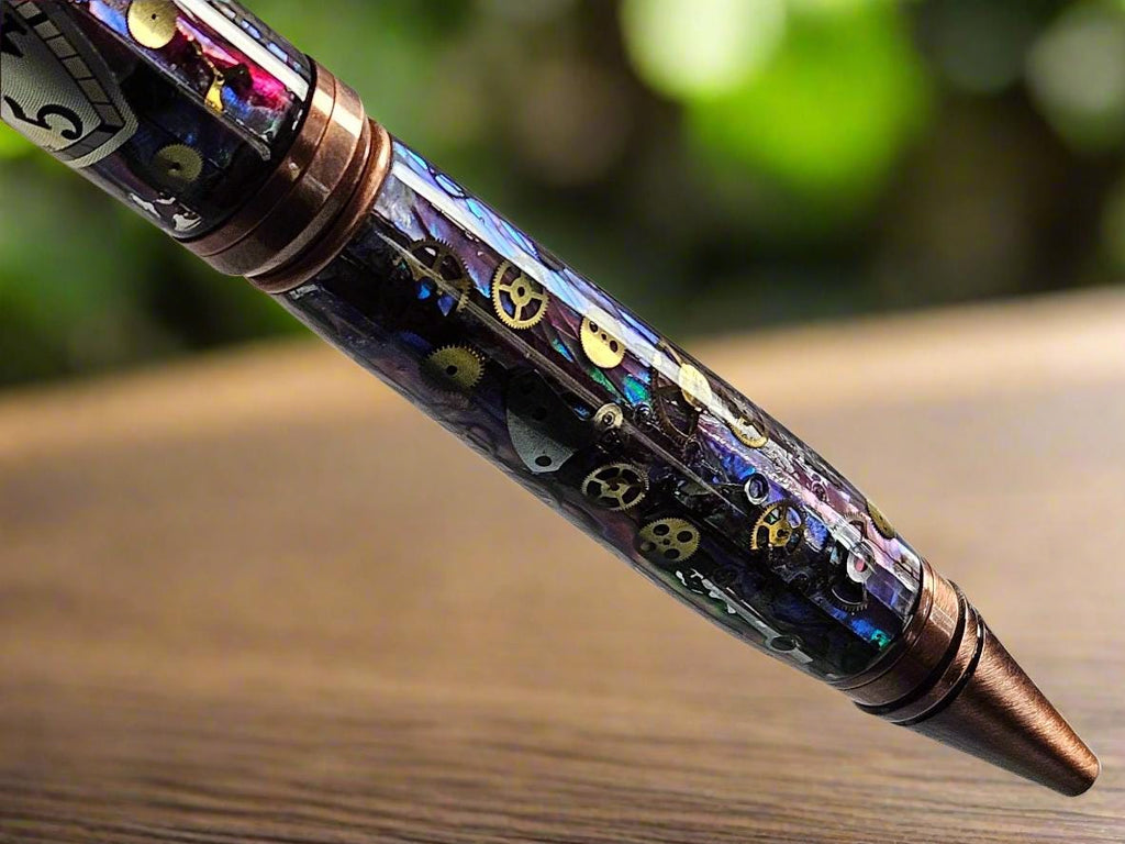 Purple Abalone Clockwork Pen with a Antique Copper Pen Kit and Hand-Place Clock Gears