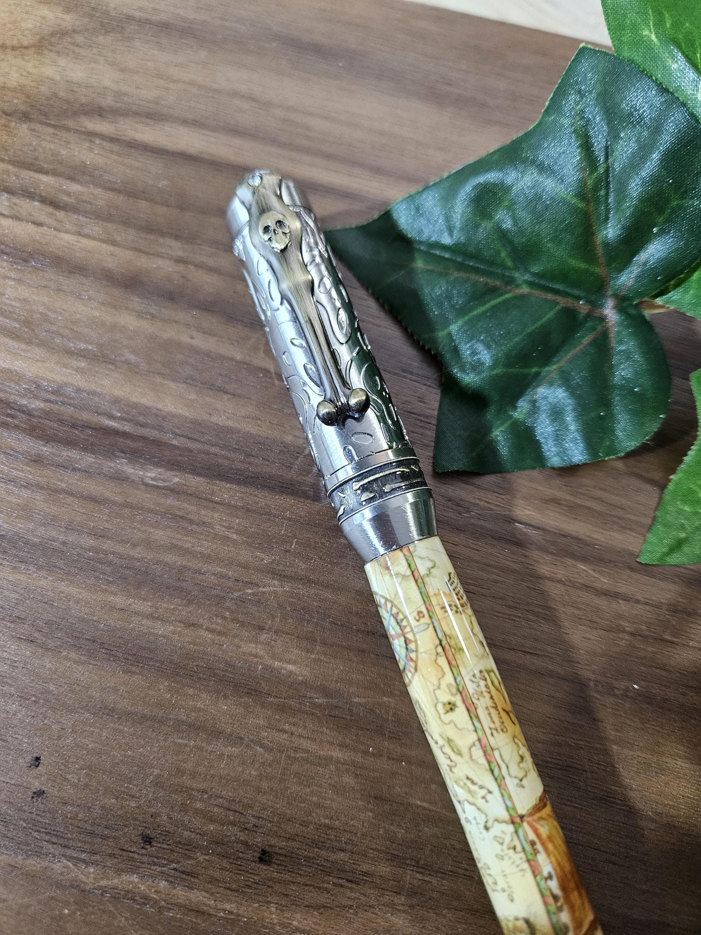 Pirate Map Label Cast Pen with Sliver Pirate, Ghost, and Skulls Pen Kit with Antique Bronze Accents