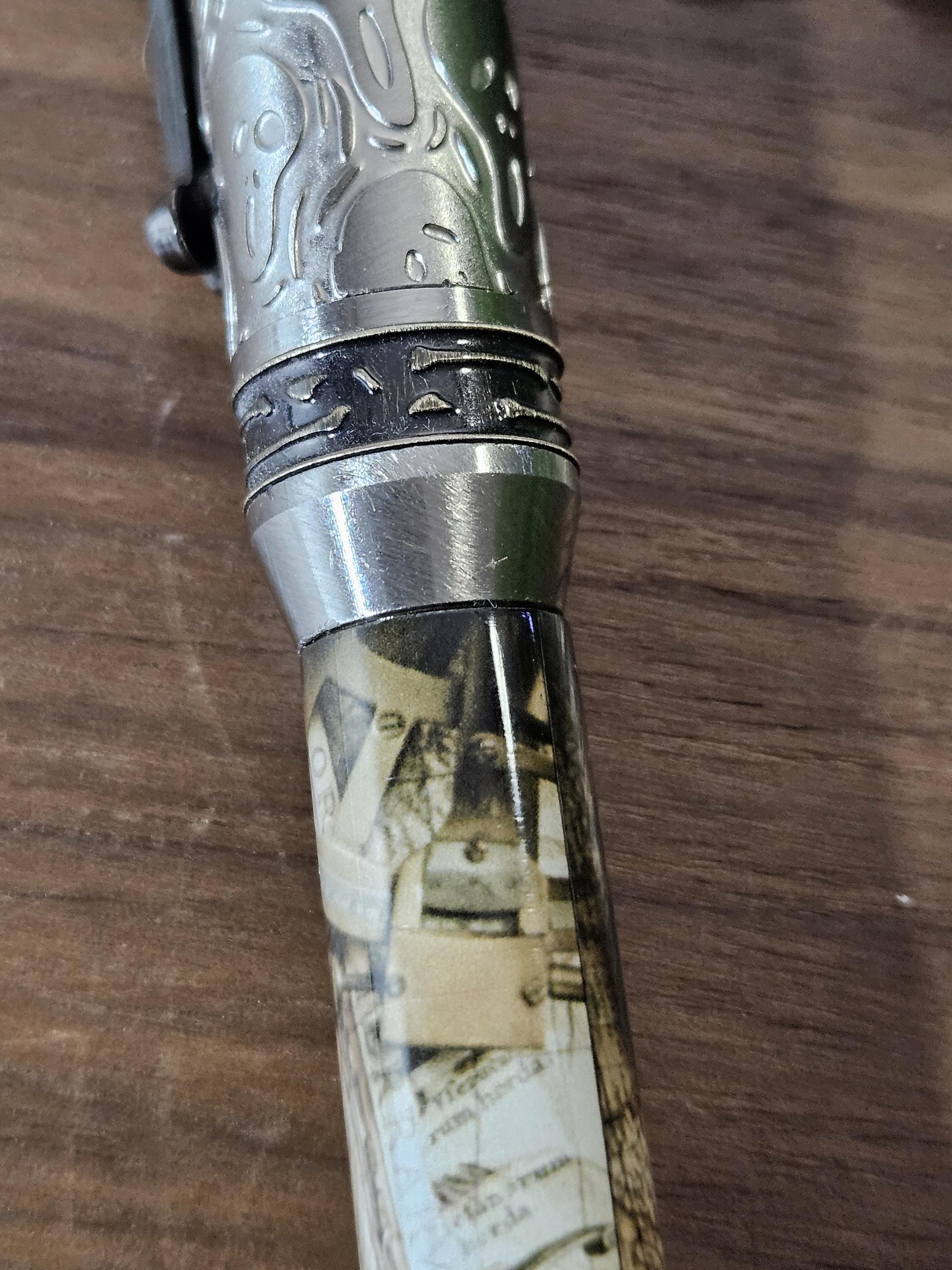 Pirate Map on a Navigation Table with a Compass Label Cast Pen with Sliver Pirate, Ghost, and Skulls Pen Kit with Antique Bronze Accents