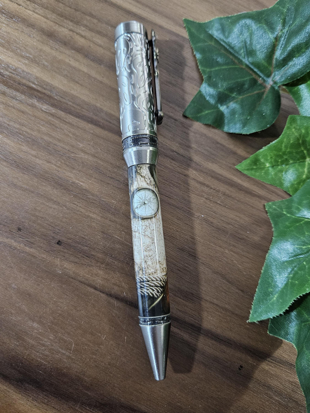 Pirate Map on a Navigation Table with a Compass Label Cast Pen with Sliver Pirate, Ghost, and Skulls Pen Kit with Antique Bronze Accents