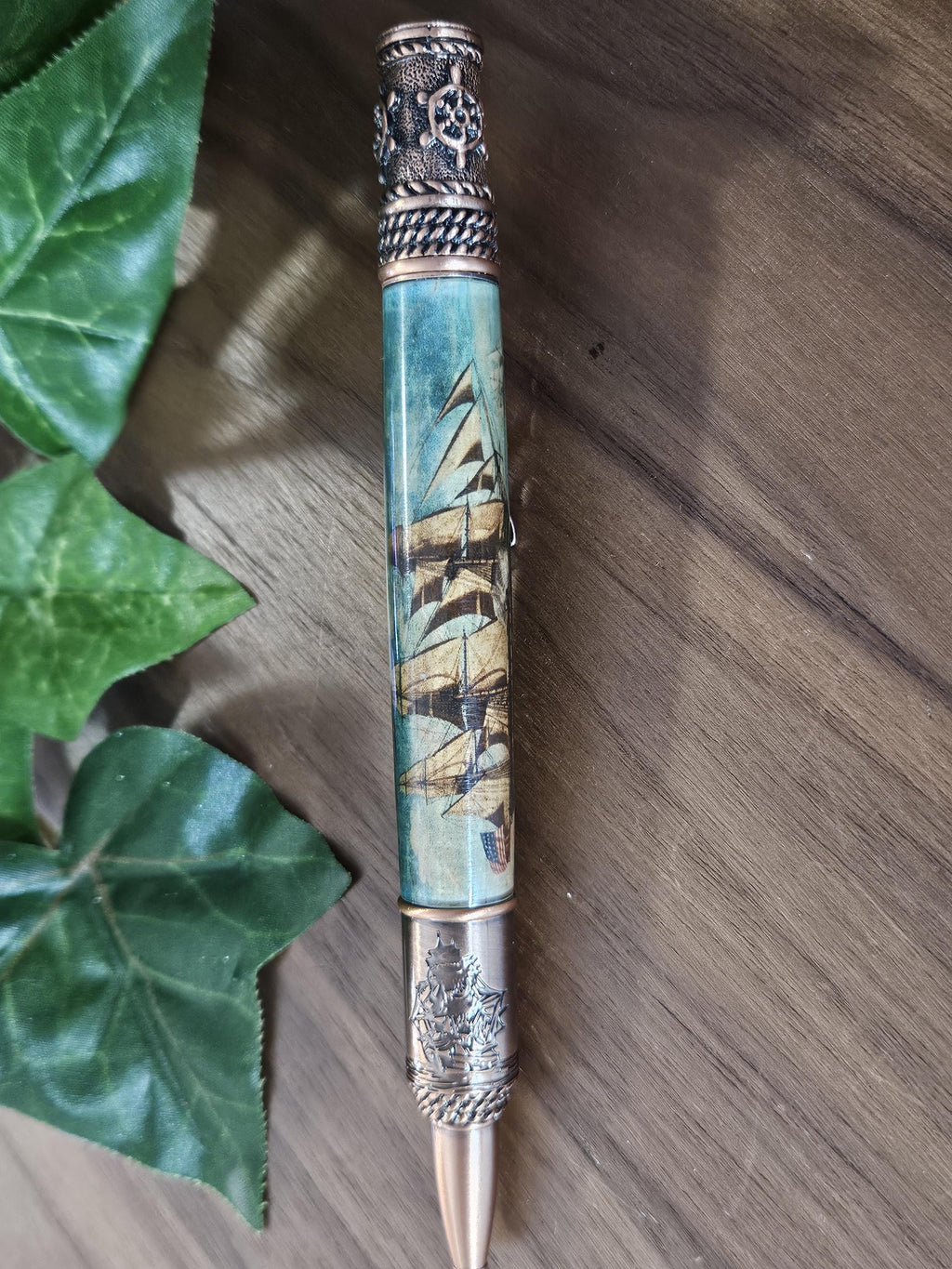 Nautical Pen Kit with an Antiqued Sailing Ship Label Cast and an Antique Copper Finish