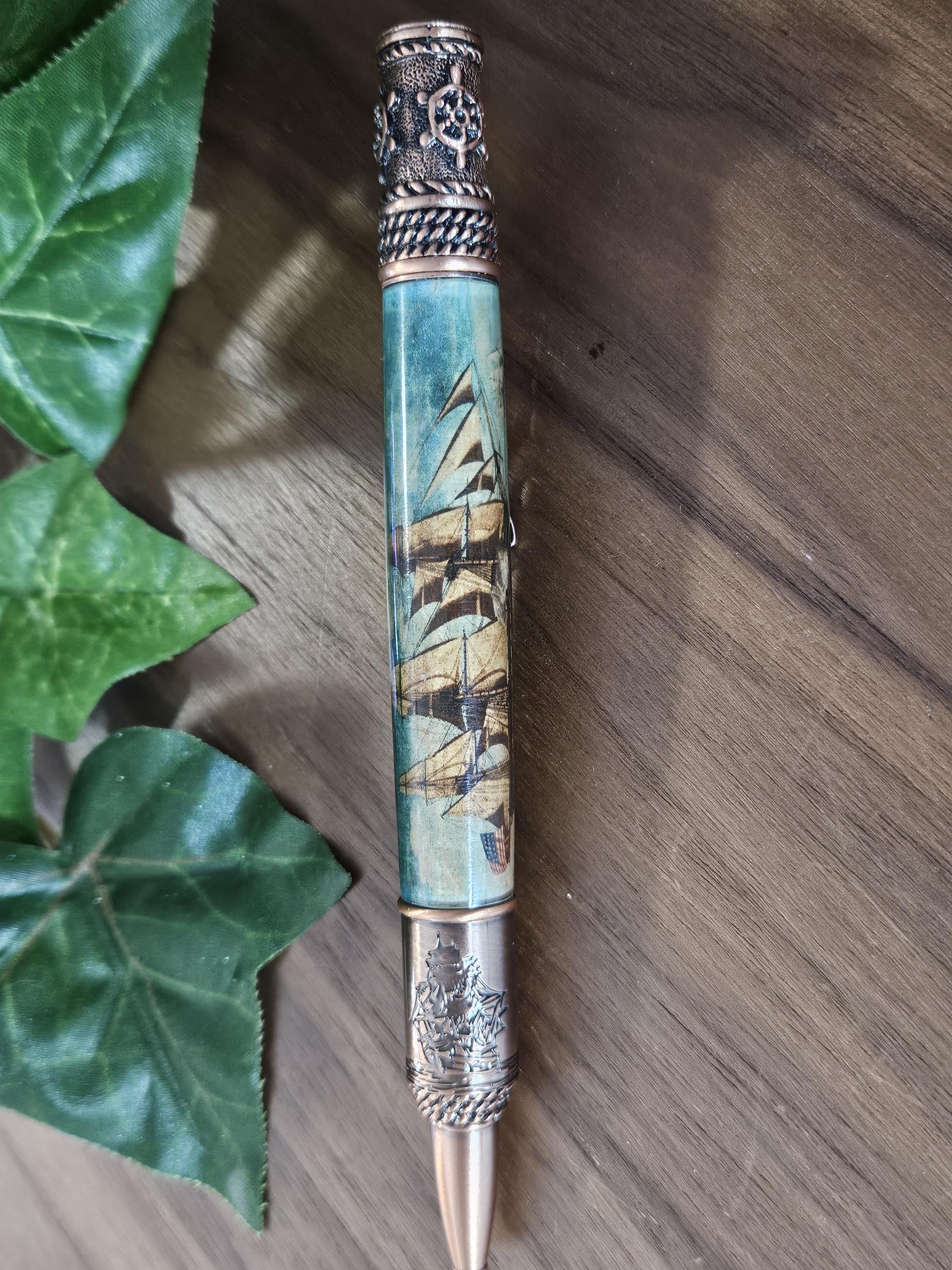 Nautical Pen Kit with an Antiqued Sailing Ship Label Cast and an Antique Copper Finish