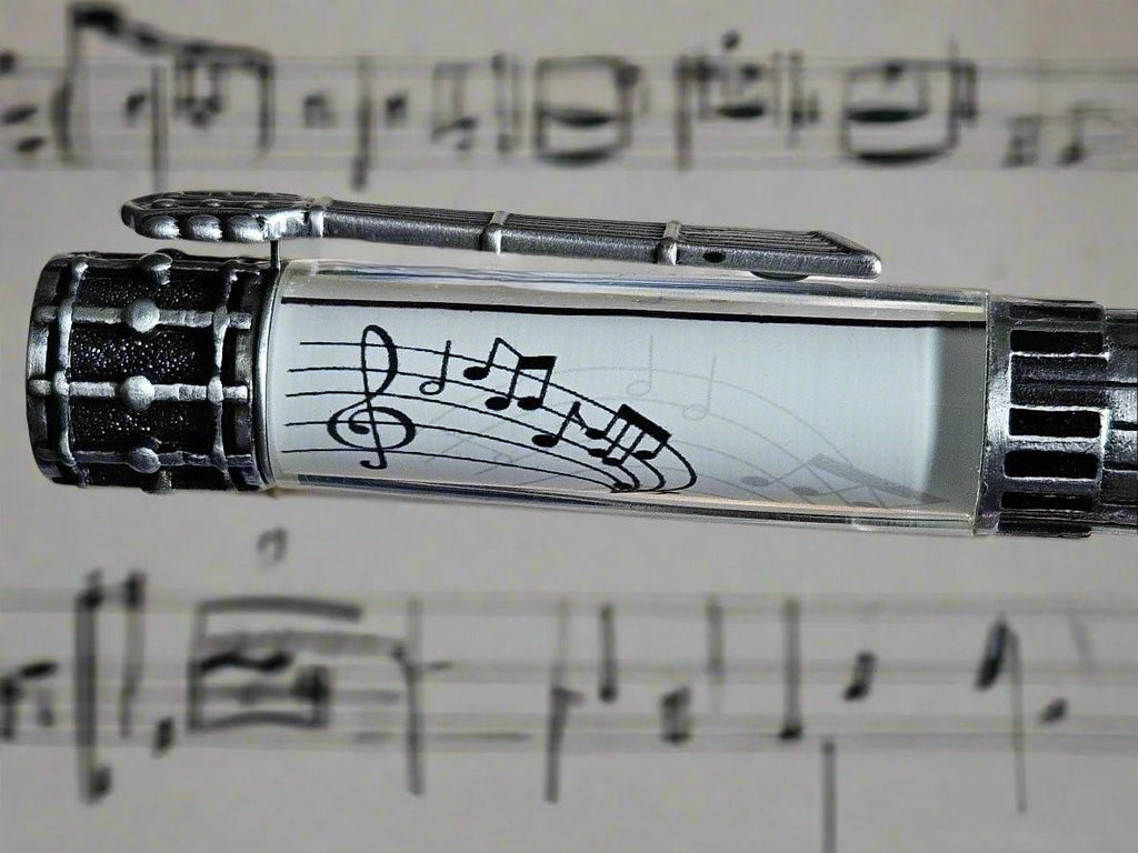 Musical Harmony Refillable Twist Pen - Piano Drums Guitar Sheet Music Design - Music Lover Gift, Antique Pewter Accents, 2.6 oz (heavy)