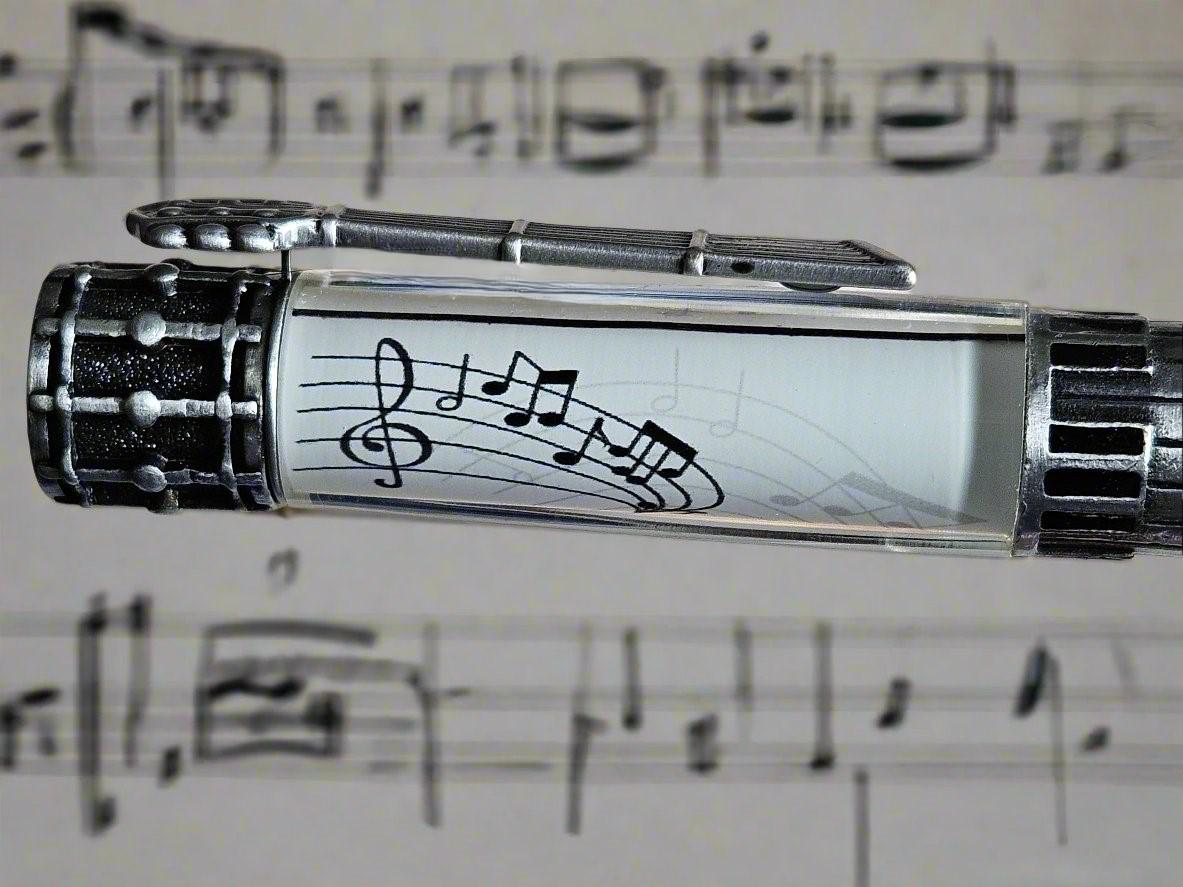 Musical Harmony Refillable Twist Pen - Piano Drums Guitar Sheet Music Design - Music Lover Gift, Antique Pewter Accents, 2.6 oz (heavy)