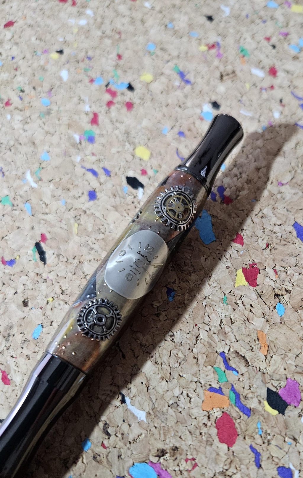 Steampunk Clock Face Pen - Unique Roller Clip with Clock Gears & Metal Pieces - Black Titanium Pen Kit