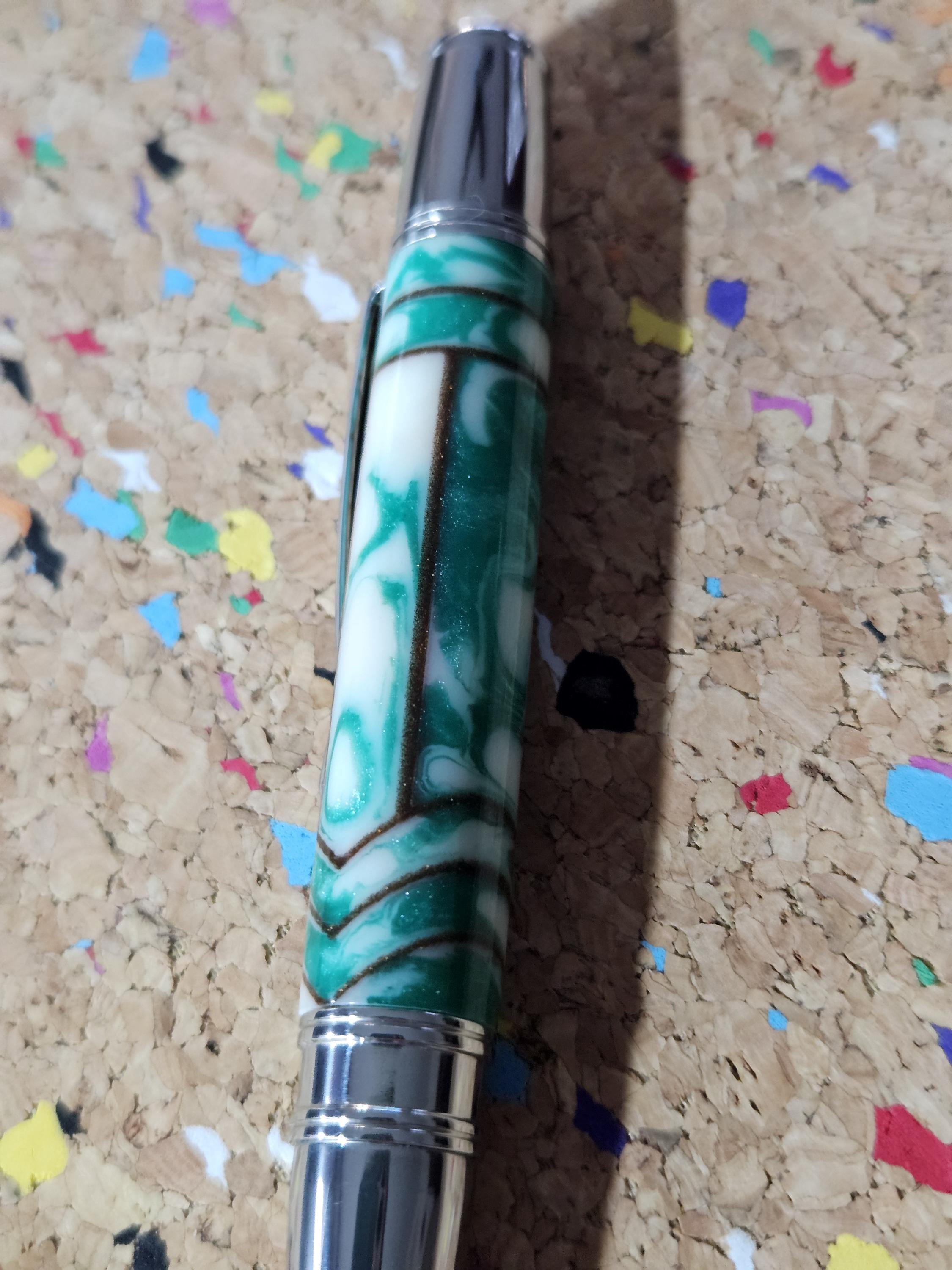 Green and White Swirled Resin with Gold Chevrons "Gisi Style"  with a Liberty Flat Top Stainless Steel Pen Kit