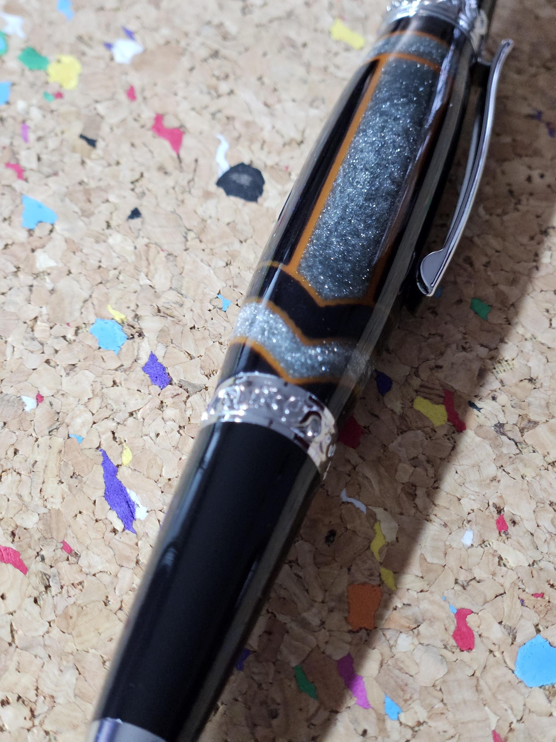 Glittery Silver and Grey Swirled Resin with Rustic Orange Chevrons "Gisi Style" Pen with a Black Body and Chrome with Black Accents Pen Kit