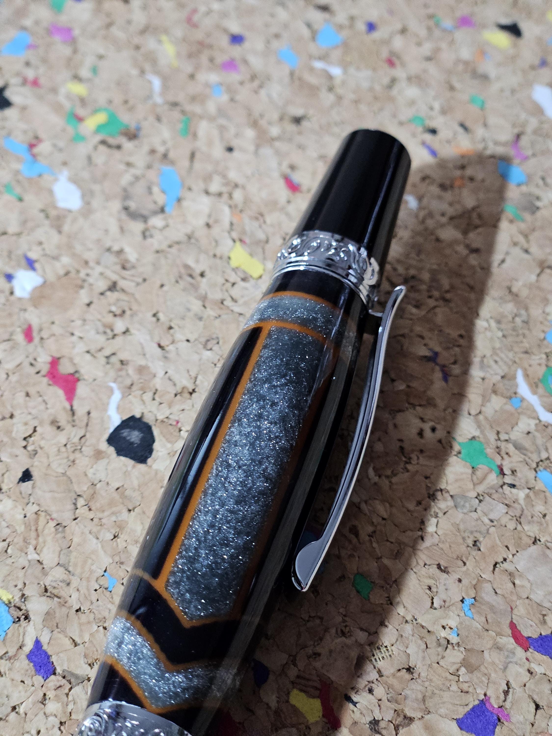 Glittery Silver and Grey Swirled Resin with Rustic Orange Chevrons "Gisi Style" Pen with a Black Body and Chrome with Black Accents Pen Kit