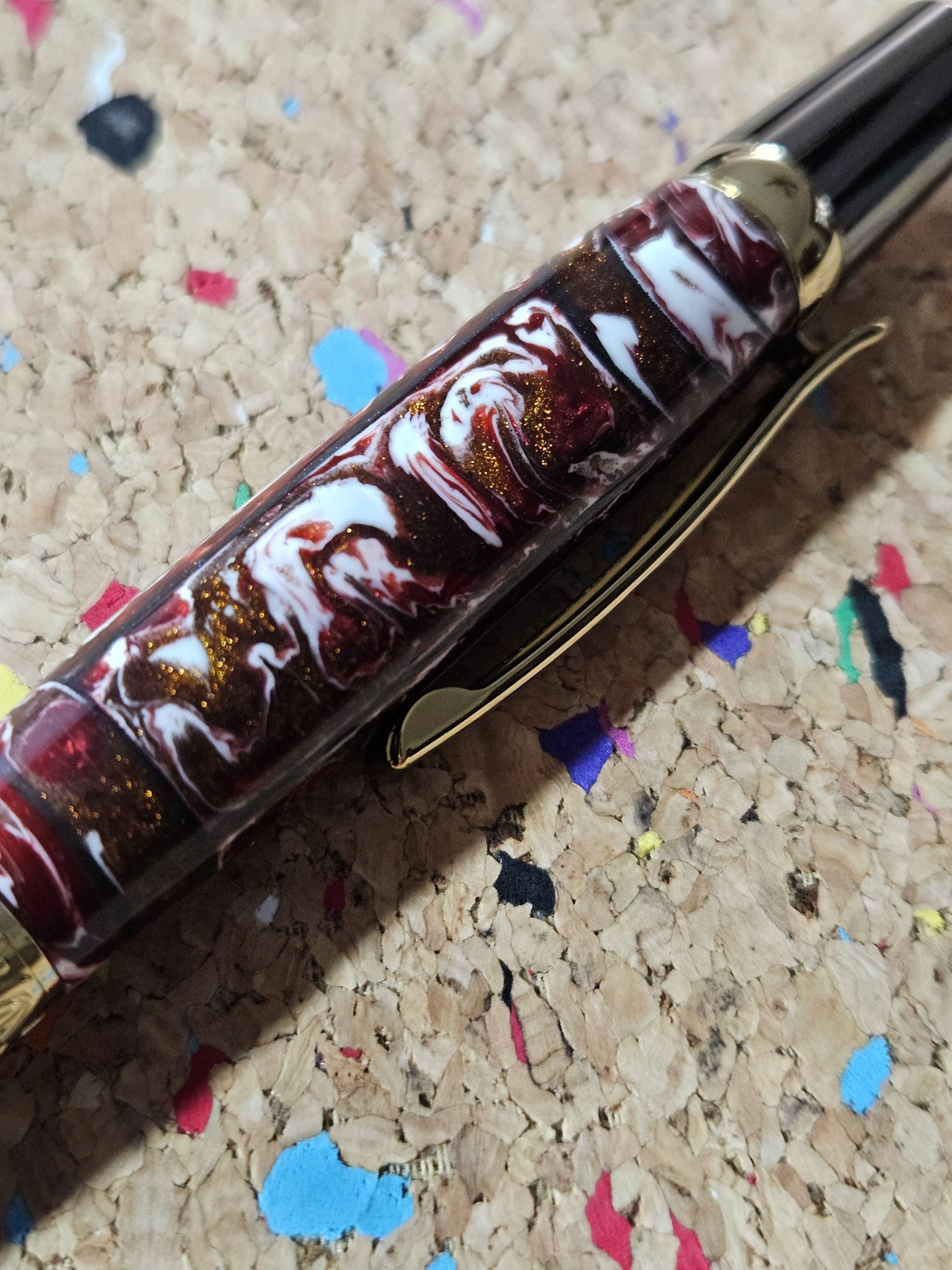 Red and White Swirled Resin Pen "Gisi Style" Flat Top with Gunmetal and Gold Accents Pen Kit