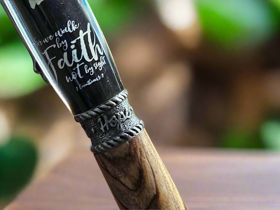 Authentic Bethlehem Olive Wood; Walk By Faith Label Cast Twist Pen with an Antique Pewter Pen Kit