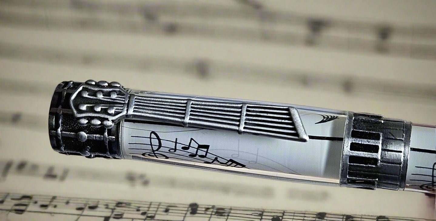Musical Harmony Refillable Twist Pen - Piano Drums Guitar Sheet Music Design - Music Lover Gift, Antique Pewter Accents, 2.6 oz (heavy)