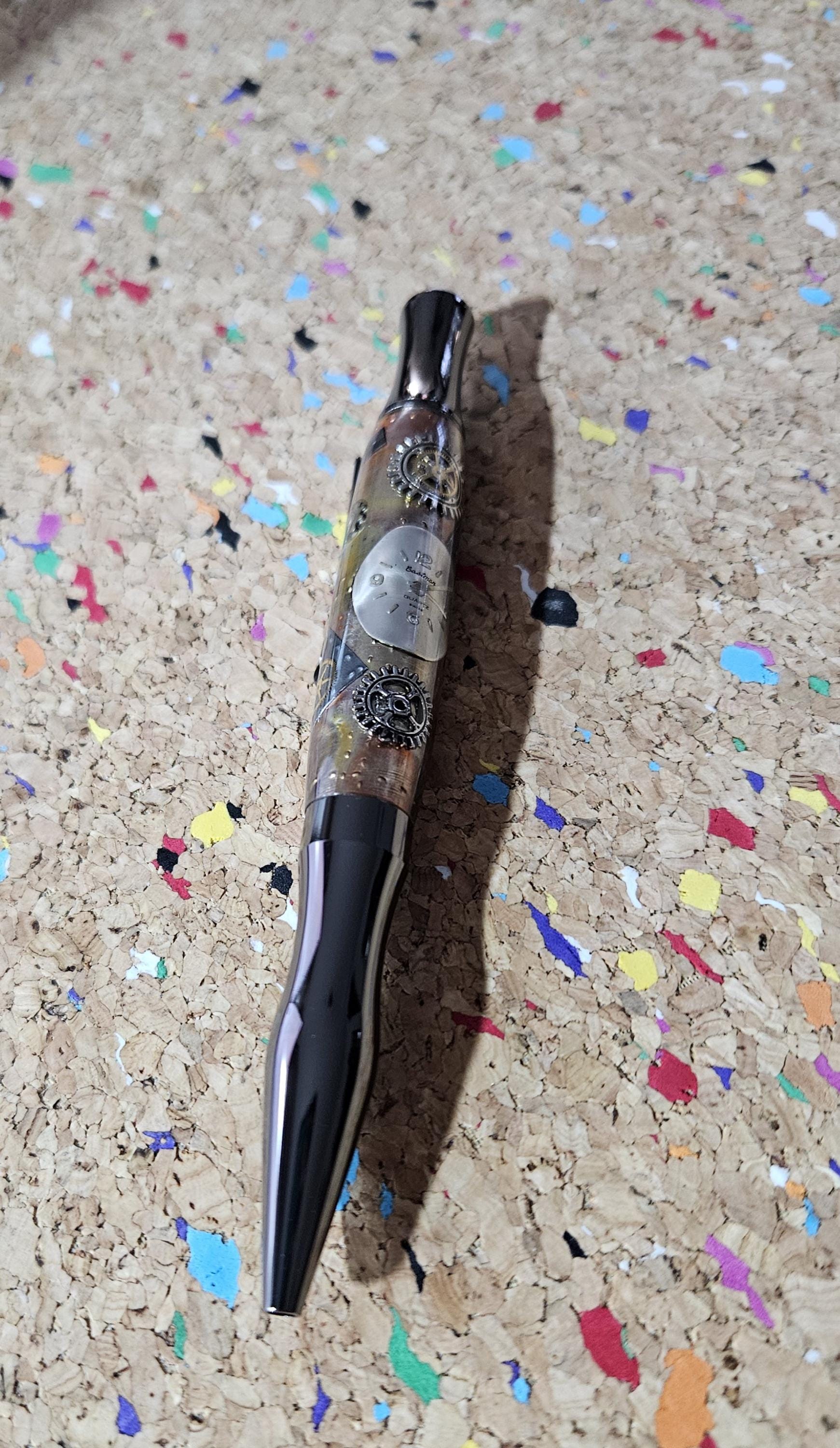Steampunk Clock Face Pen - Unique Roller Clip with Clock Gears & Metal Pieces - Black Titanium Pen Kit