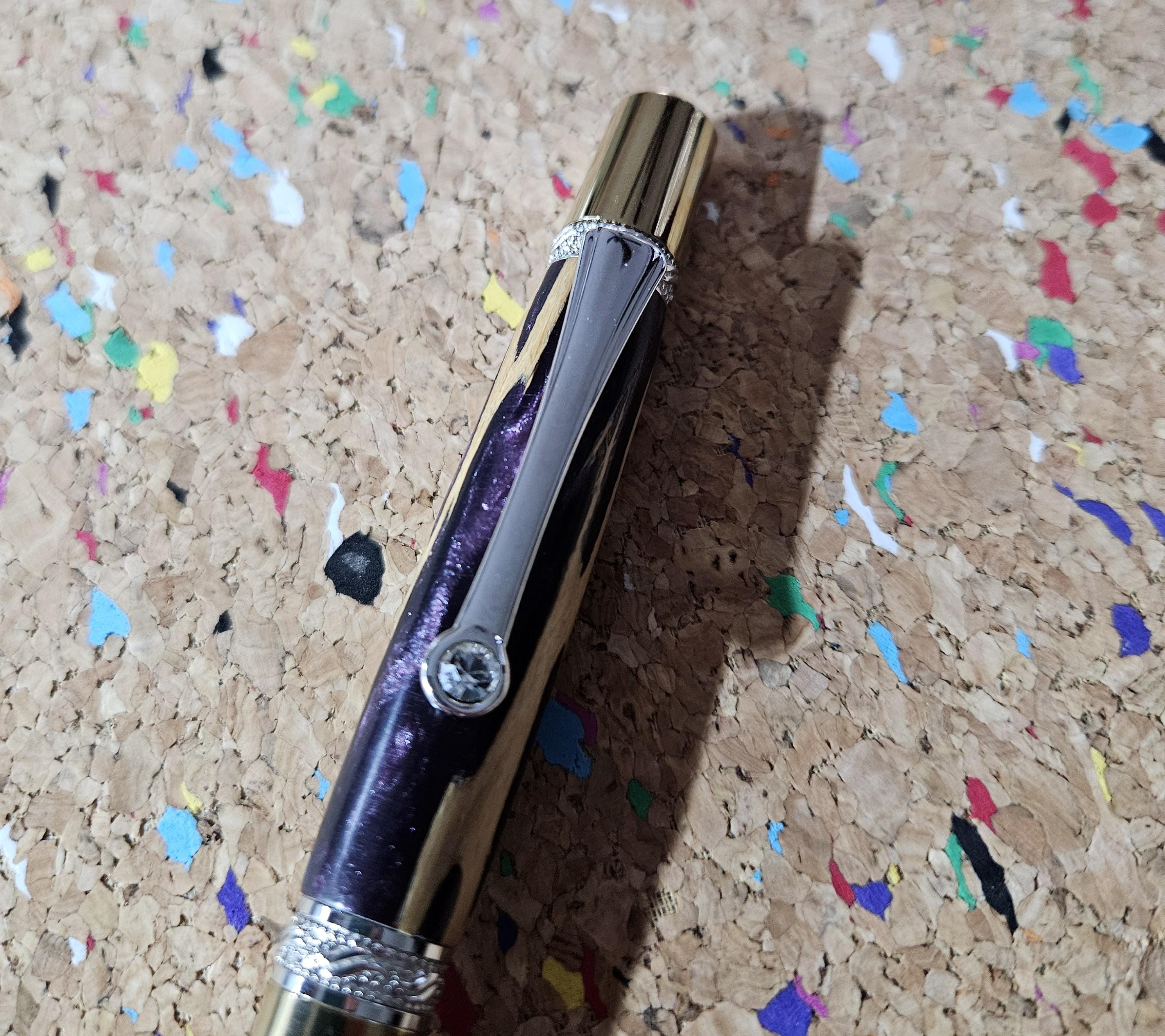 Cholla Cactus Skeleton with Glittery Purple Resin and a Majestic Squire-Inspired Gold and Chrome Pen Kit