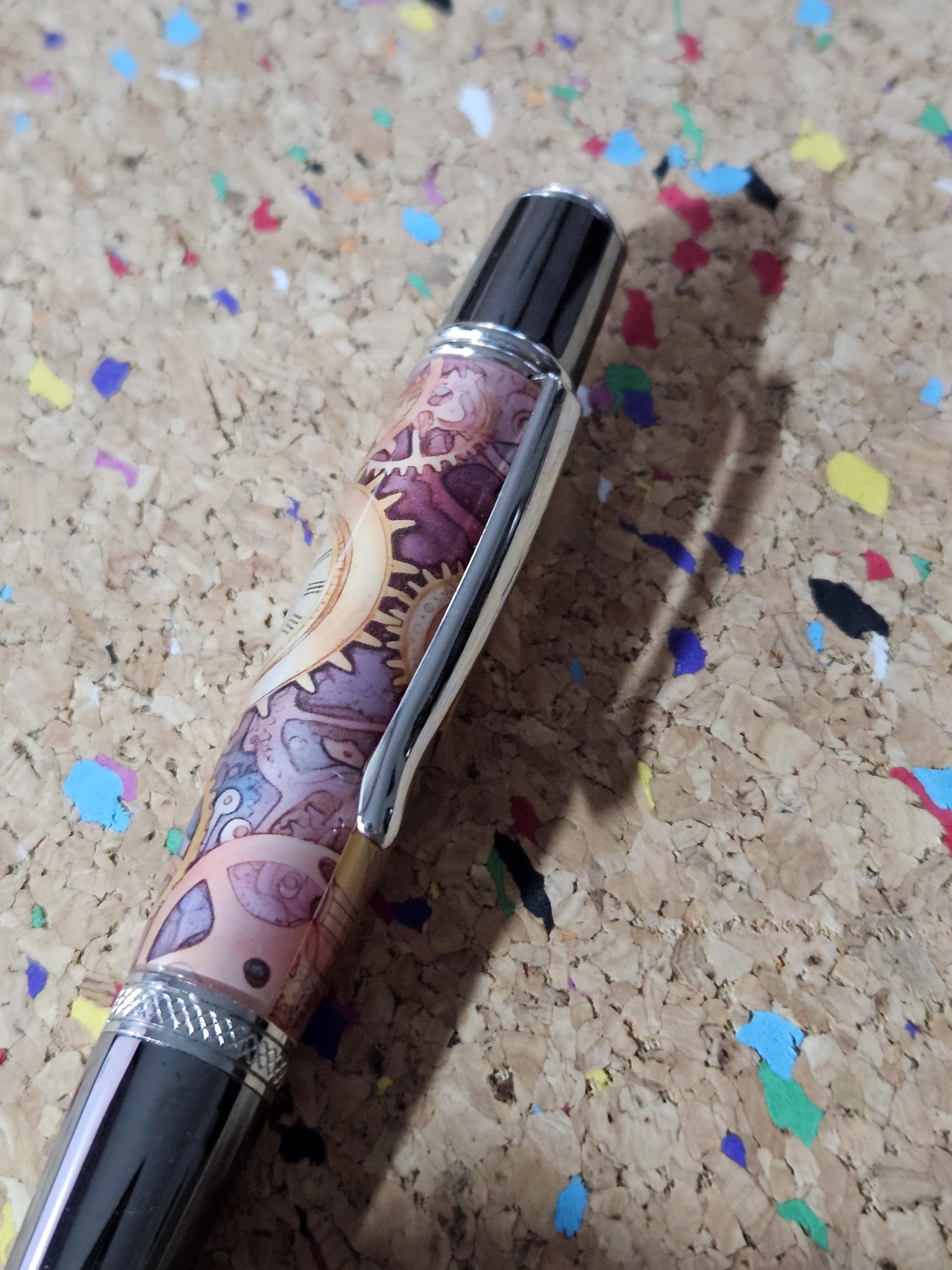 Colorful Steampunk Style Clock Face Label Cast Pen - Gunmetal Pen Kit with Chrome Accents