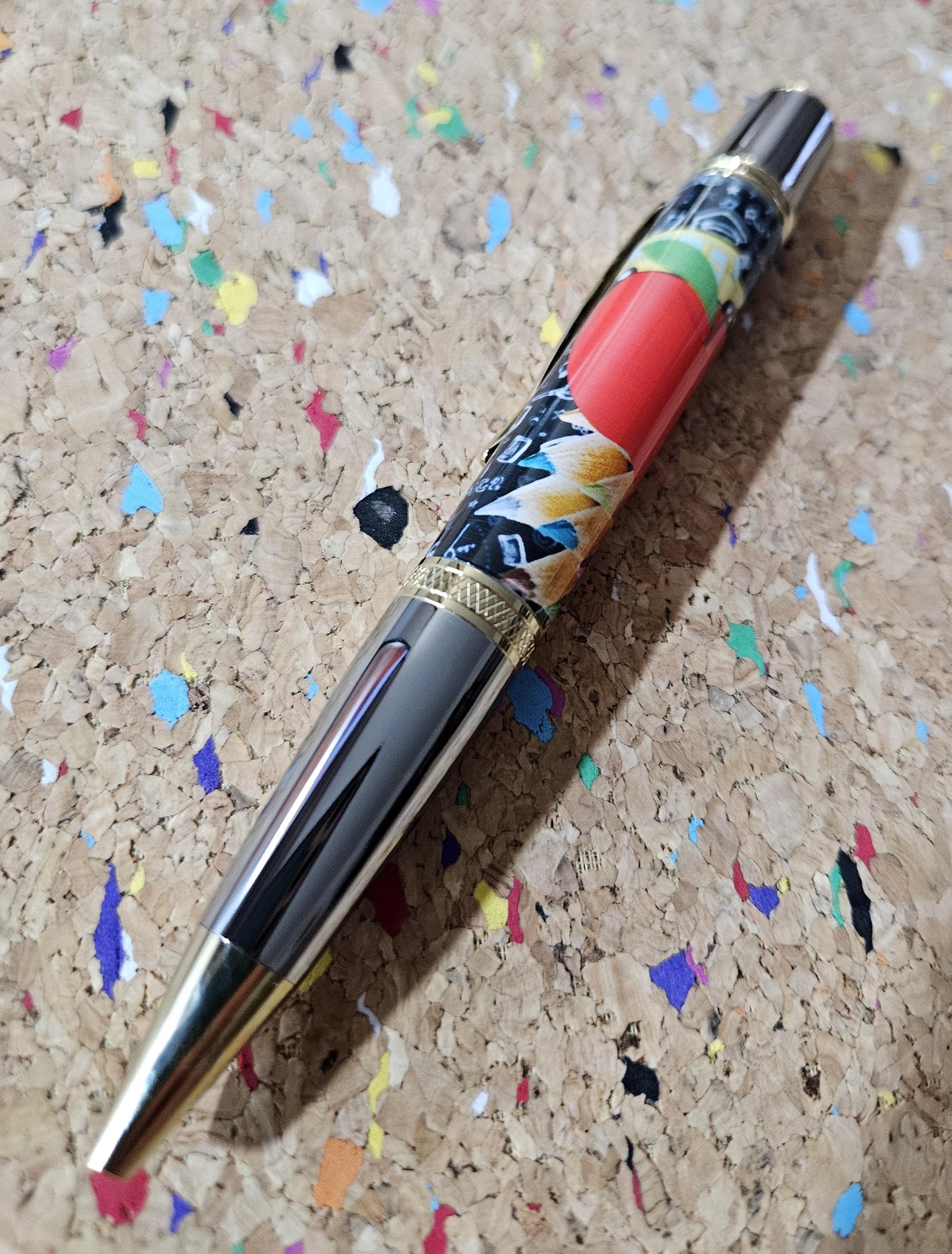 Teacher Celebration Pen Adorned with a Red Apple Label Cast and a Sleek Gunmetal and Gold Accent Pen Kit