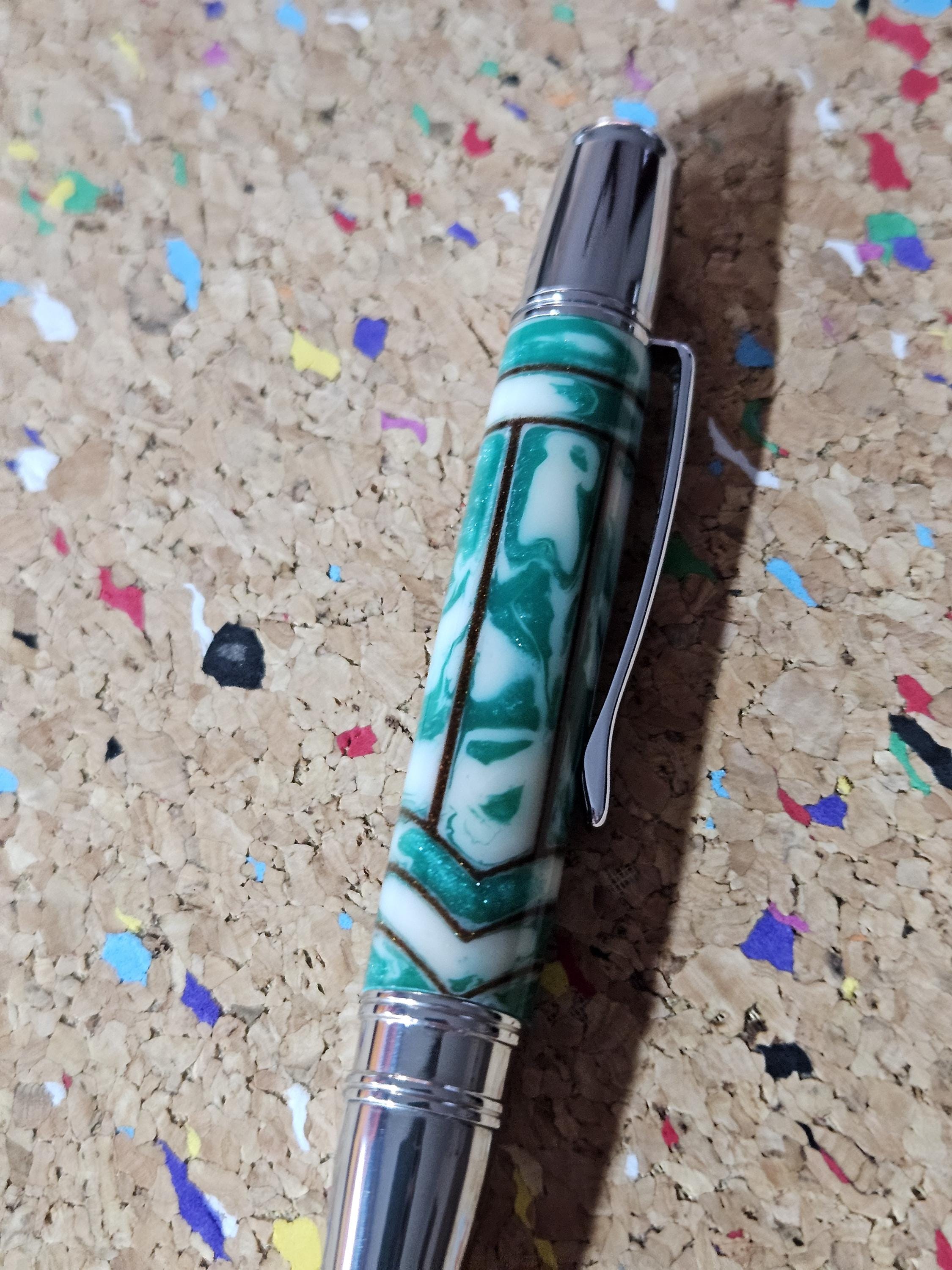 Green and White Swirled Resin with Gold Chevrons "Gisi Style"  with a Liberty Flat Top Stainless Steel Pen Kit