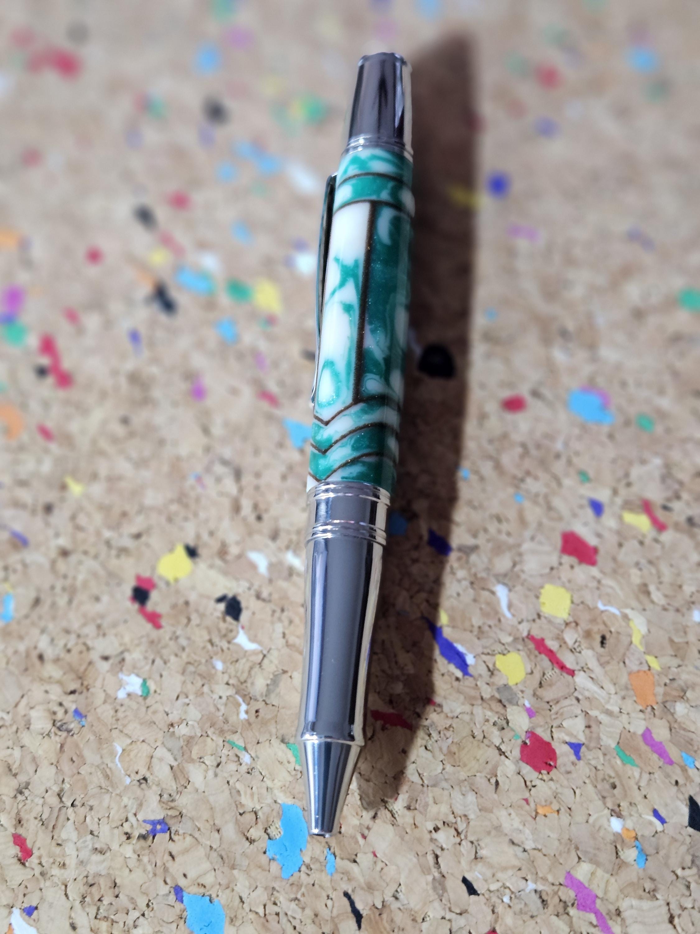 Green and White Swirled Resin with Gold Chevrons "Gisi Style"  with a Liberty Flat Top Stainless Steel Pen Kit