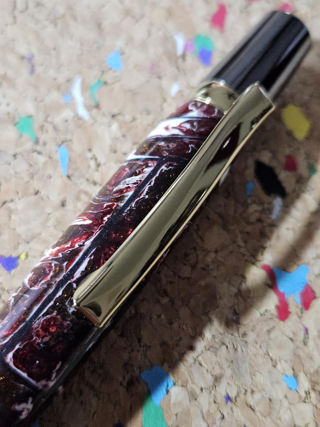 Red and White Swirled Resin Pen "Gisi Style" Flat Top with Gunmetal and Gold Accents Pen Kit