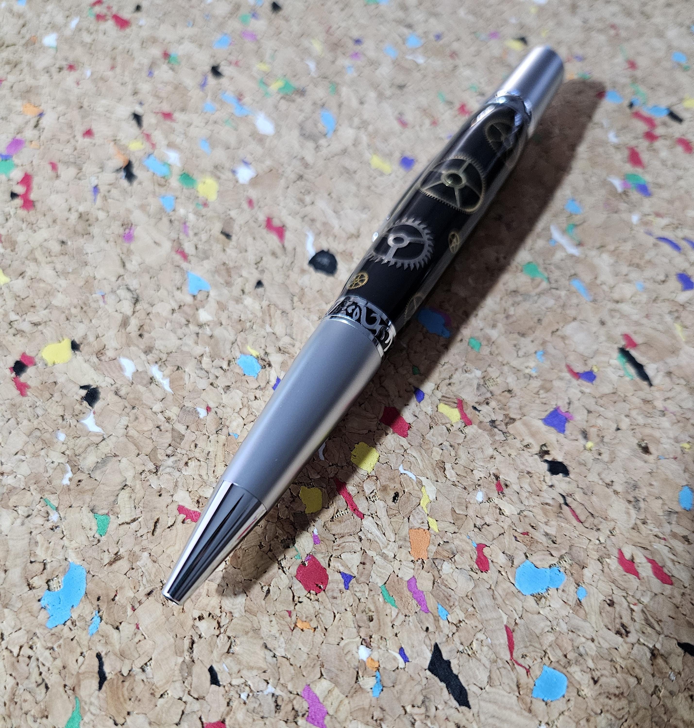 Authentic Clock Gears Pen | Black Background with Chrome & Gunmetal Kit