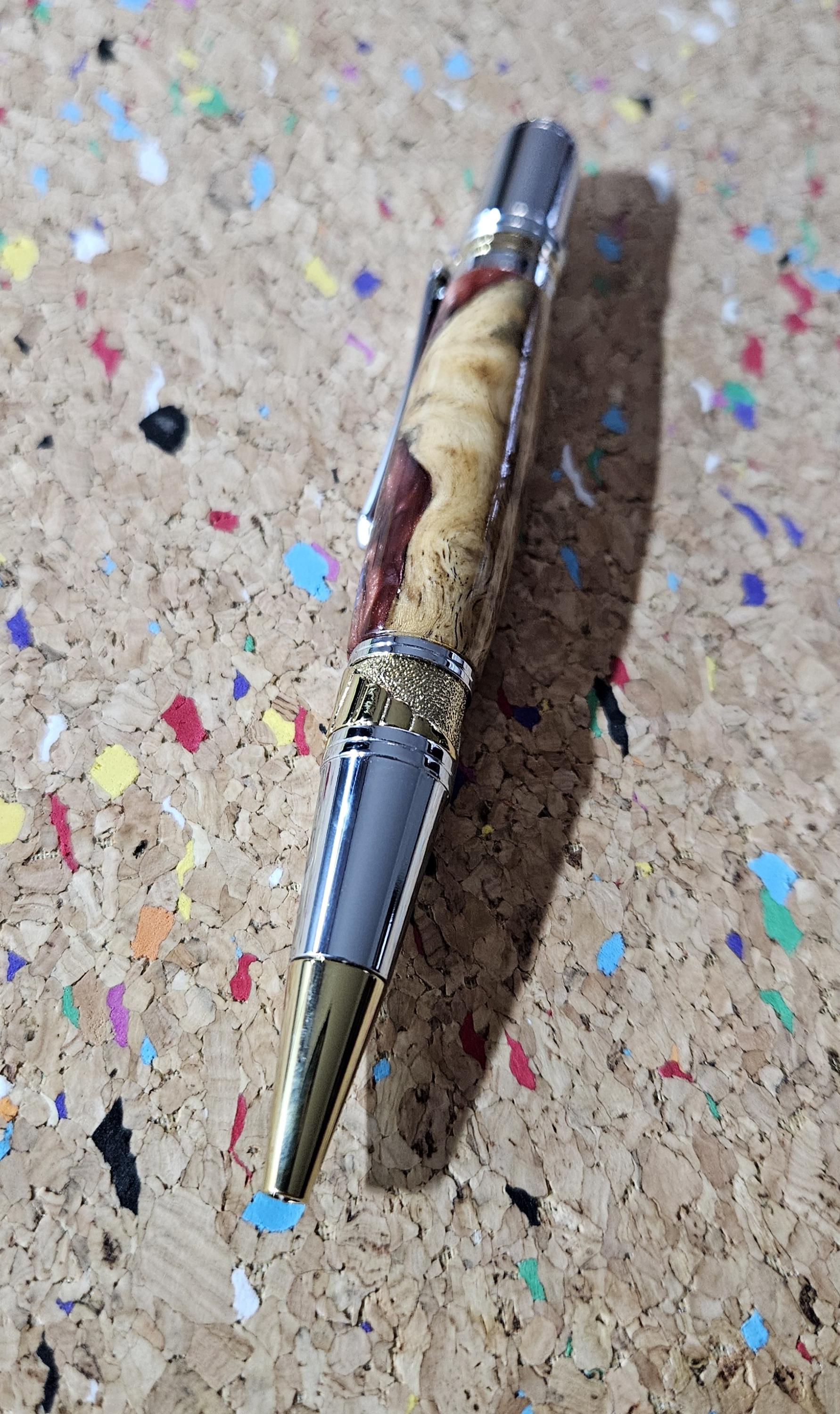 Maple Burl Wooden Pen Hybrid with Mixed Red Resin and Glitter and a Titanium Chrome and Gold Art Deco Pen Kit