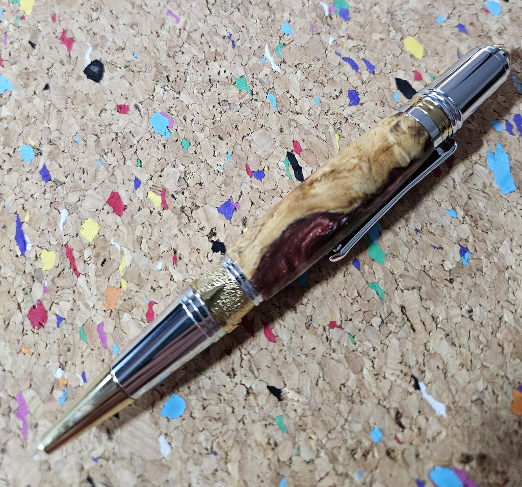 Maple Burl Wooden Pen Hybrid with Mixed Red Resin and Glitter and a Titanium Chrome and Gold Art Deco Pen Kit