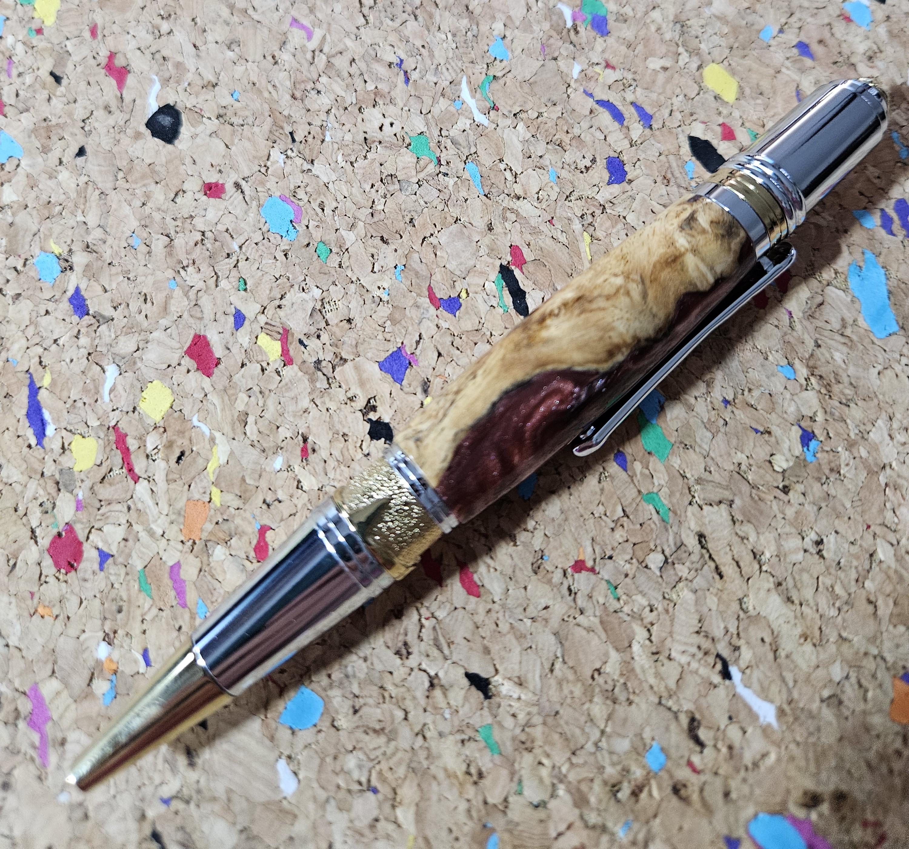 Maple Burl Wooden Pen Hybrid with Mixed Red Resin and Glitter and a Titanium Chrome and Gold Art Deco Pen Kit