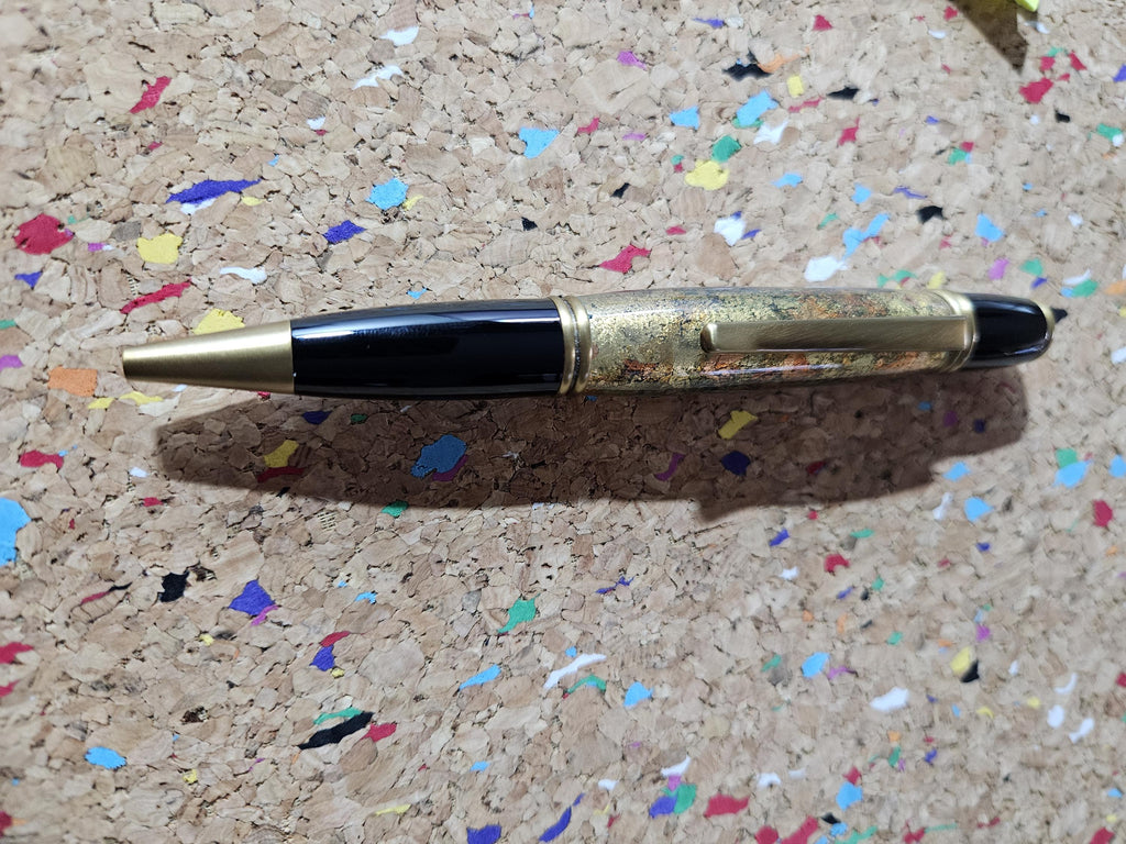 Gold and Copper Leaf Pen - Cast in Clear Resin with a Black Background & Antique Brass Accents and a Black Metal Powder Coated Pen Kit