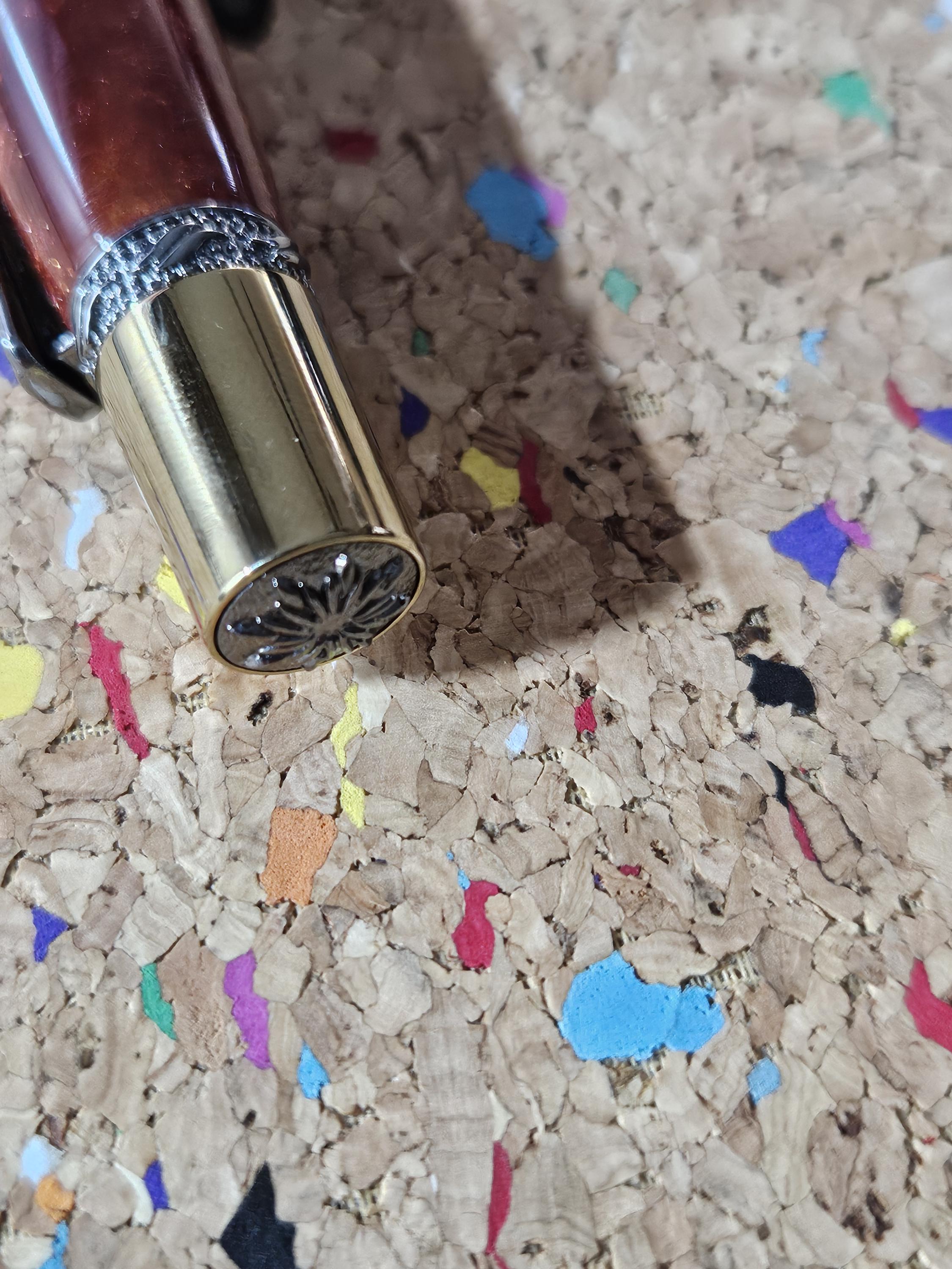 Red Swirled Resin Pen with Glitter and a Majestic Squire Inspired Gold Titanium and Rhodium Pen Kit with a Zirconium Gem on the Clip