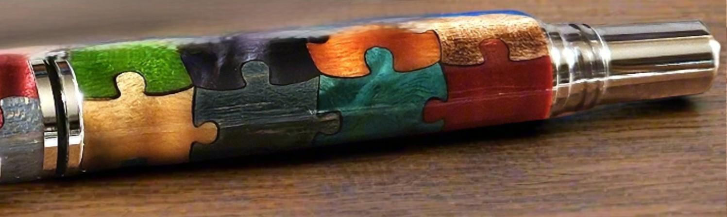 Wooden Advanced Puzzle Inlay Pen – Blue Autism Awareness Puzzle Piece, Capped & Postable, Chrome Pen Kit, Unique Gift for Autism Support