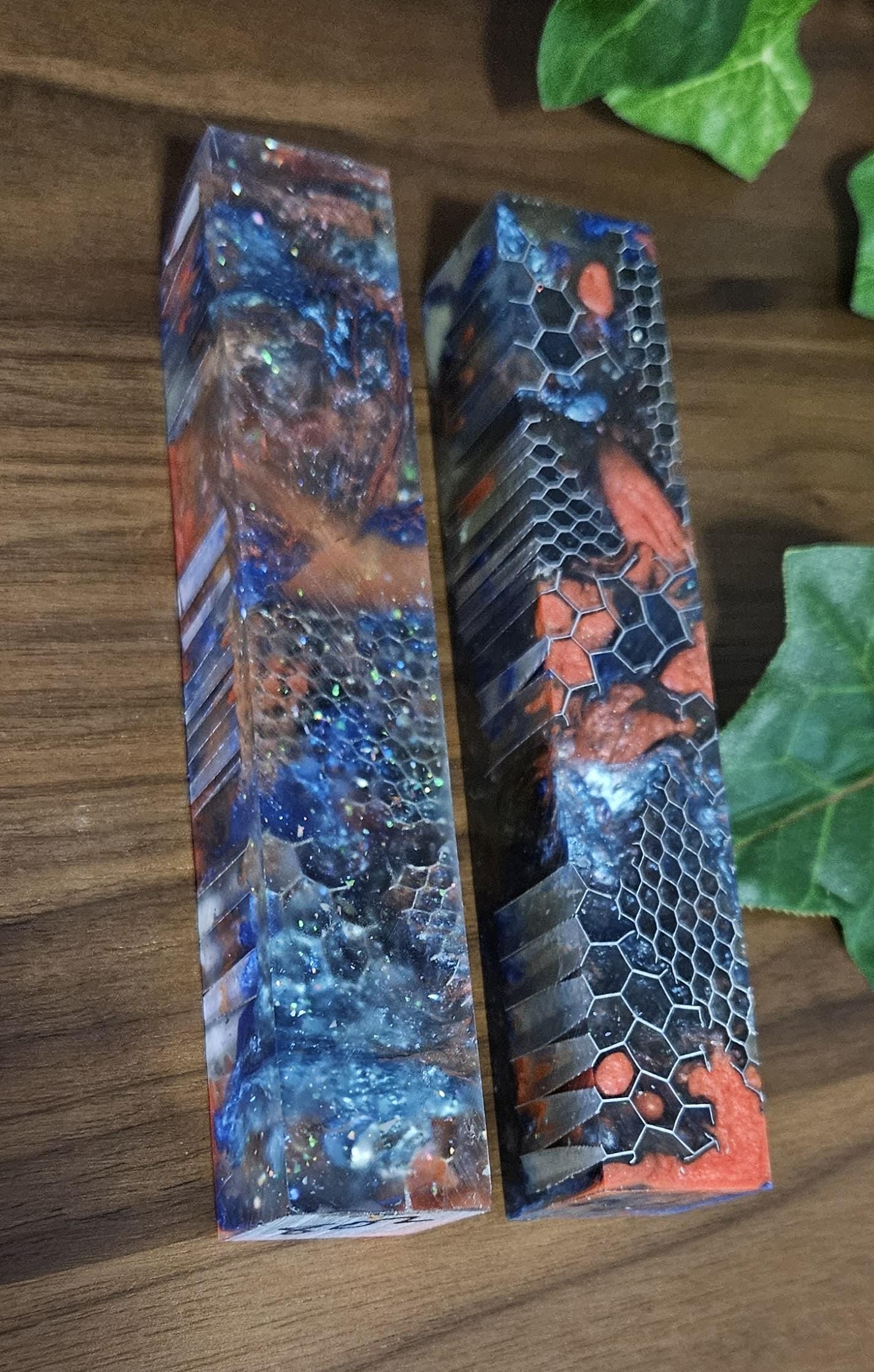 Pen Blanks: Mixed .125" and .25" Aluminum Honeycombs, Drop Technique, Translucent with Red and Blue Resin