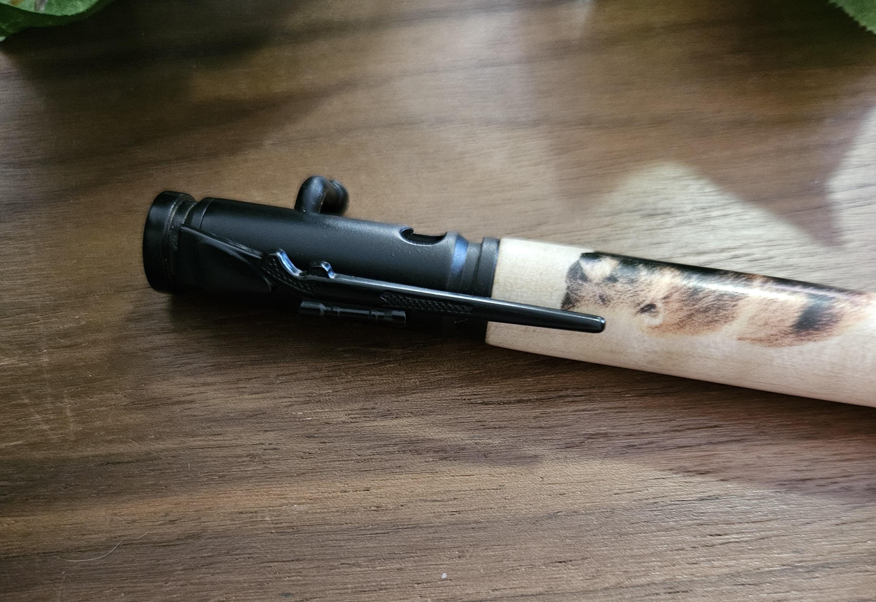 Wooden Grizzly Bear Decal Pen on Curly Maple with a Matte Black Bolt Action Rifle Pen Kit