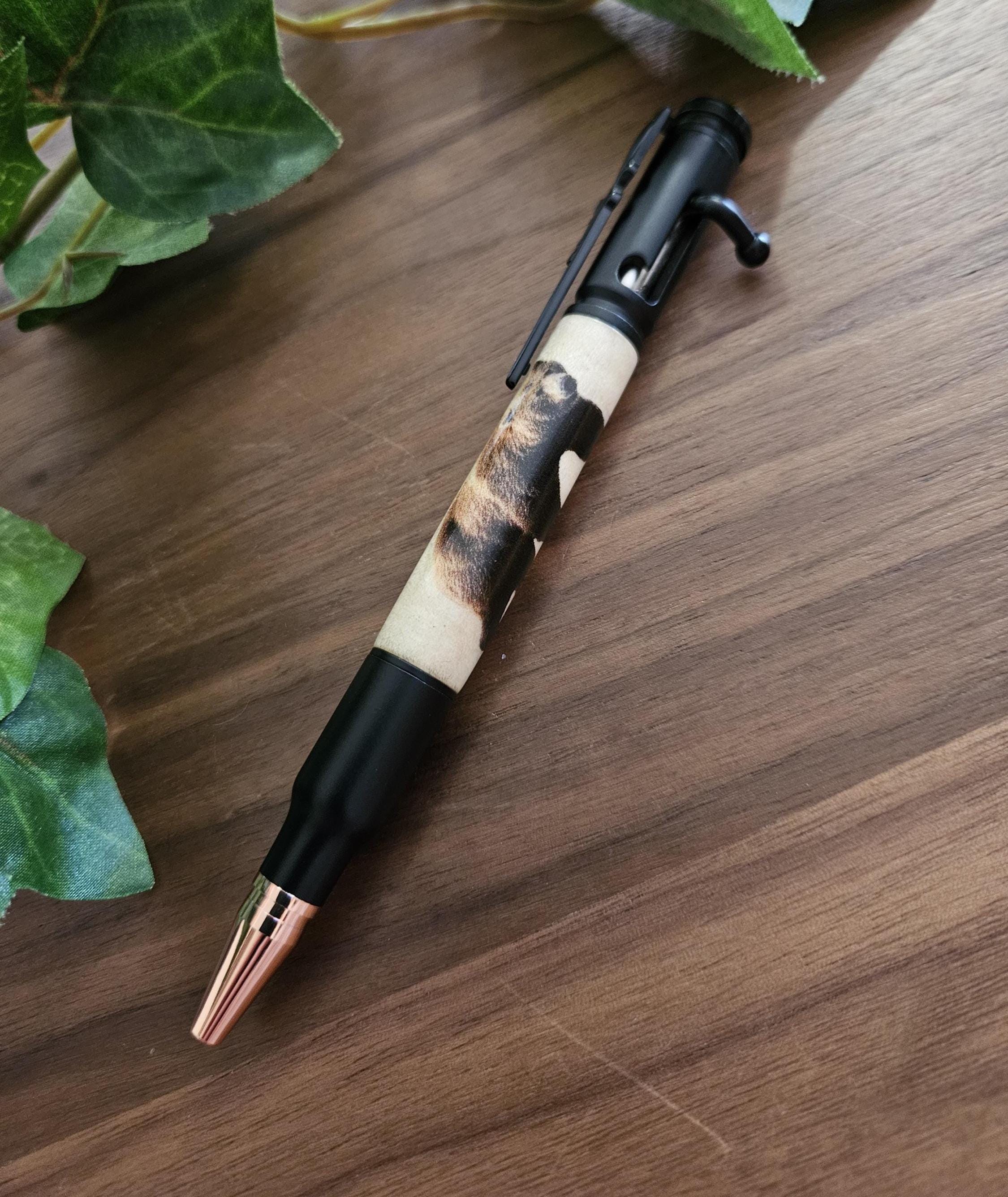 Wooden Grizzly Bear Decal Pen on Curly Maple with a Matte Black Bolt Action Rifle Pen Kit