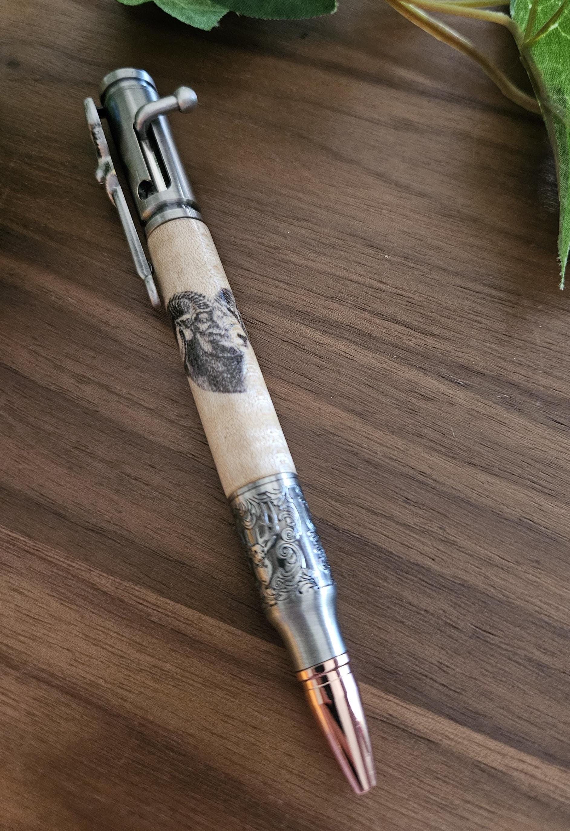 Wooden Ram Head Decal Pen on Curly Maple with an Antique Pewter Bolt Action Deer Hunters Pen Kit