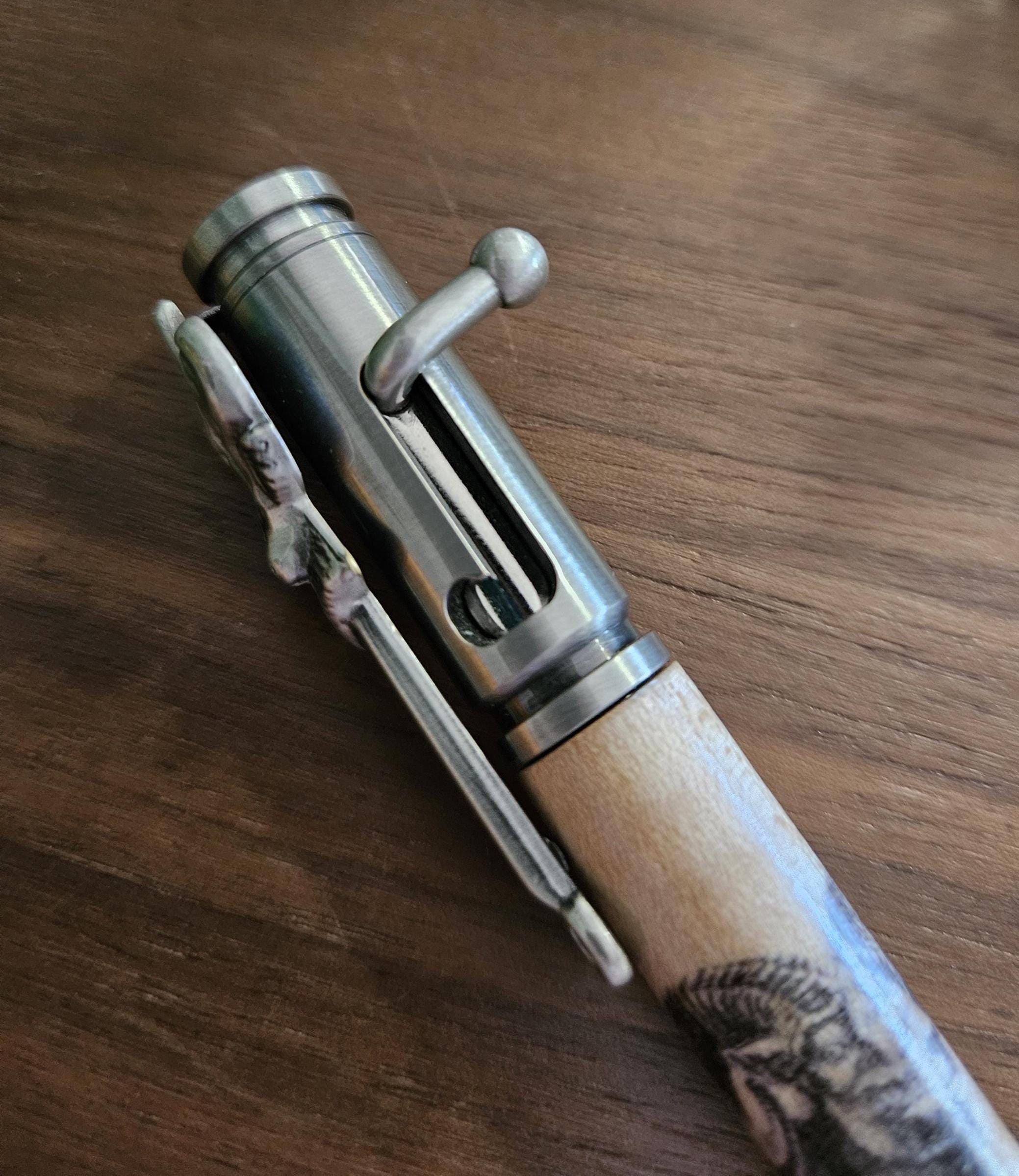 Wooden Ram Head Decal Pen on Curly Maple with an Antique Pewter Bolt Action Deer Hunters Pen Kit