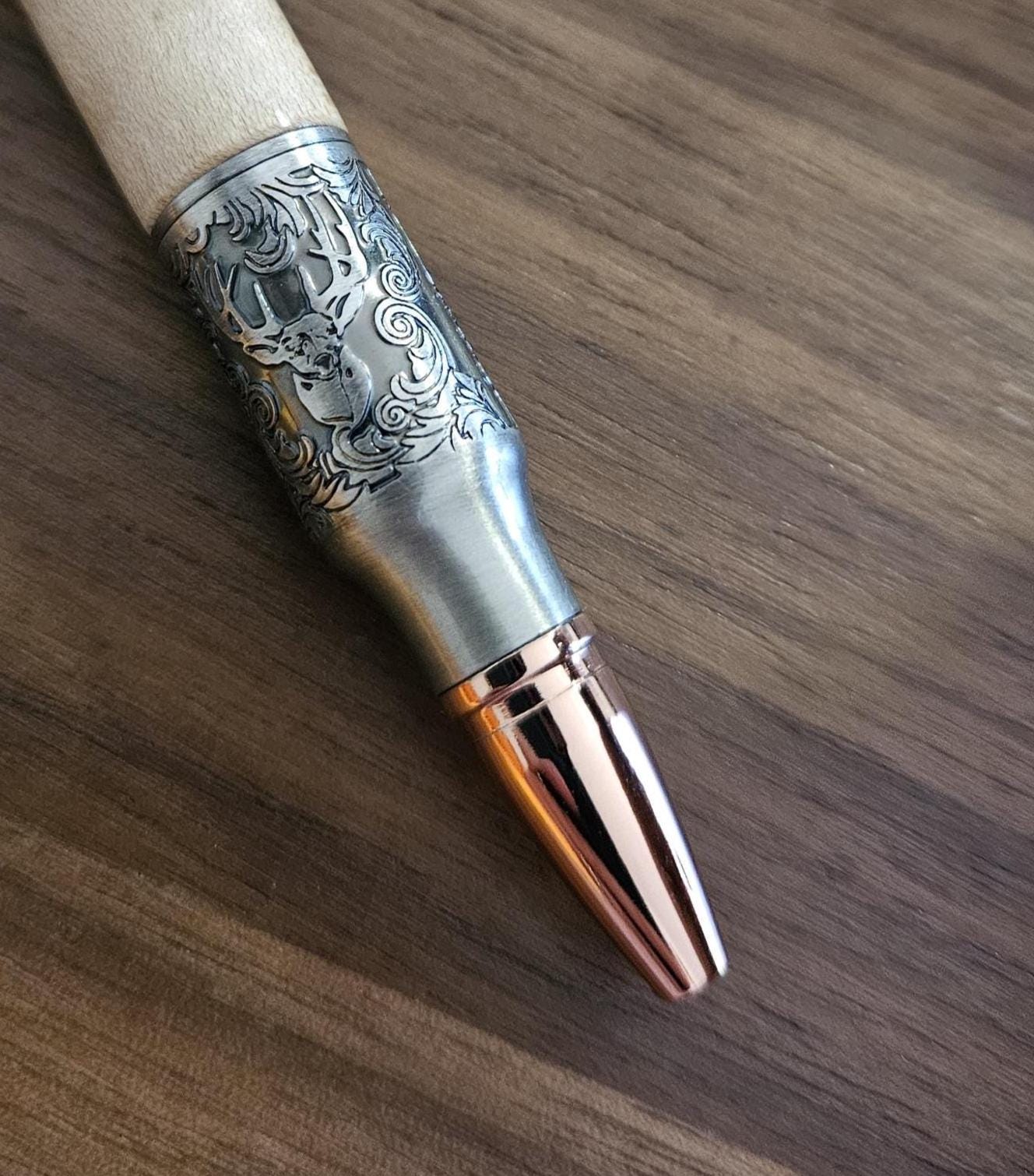 Wooden Ram Head Decal Pen on Curly Maple with an Antique Pewter Bolt Action Deer Hunters Pen Kit