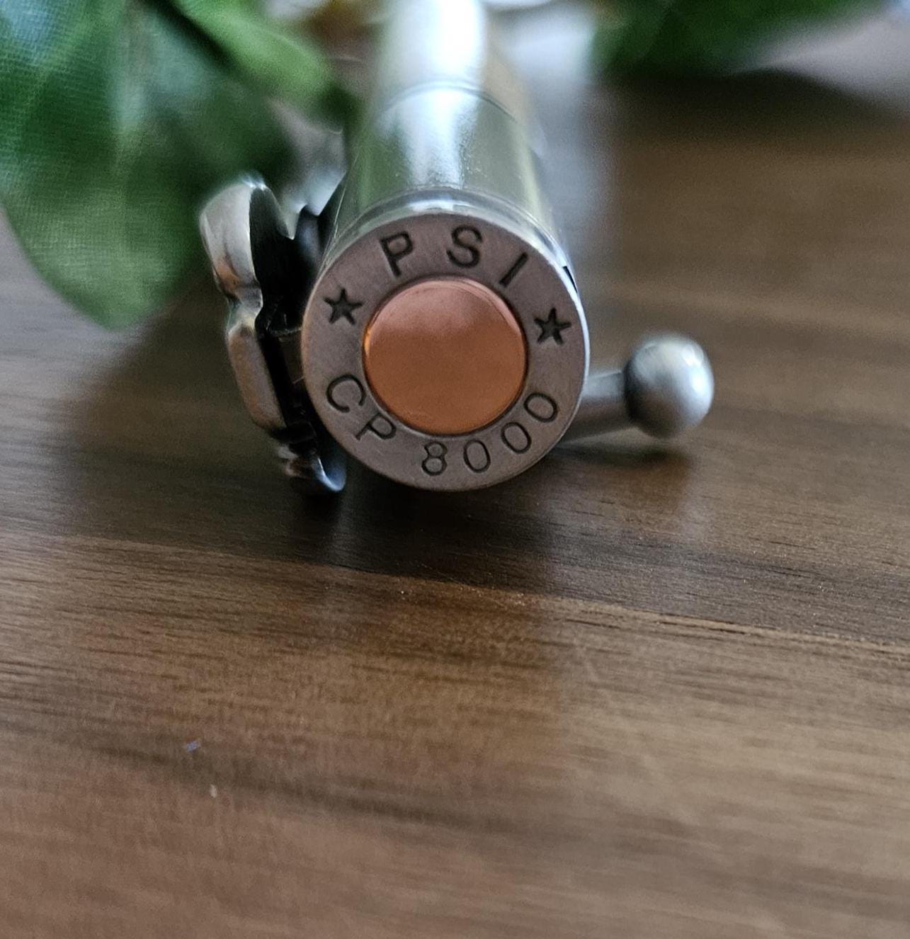 Wooden Ram Head Decal Pen on Curly Maple with an Antique Pewter Bolt Action Deer Hunters Pen Kit