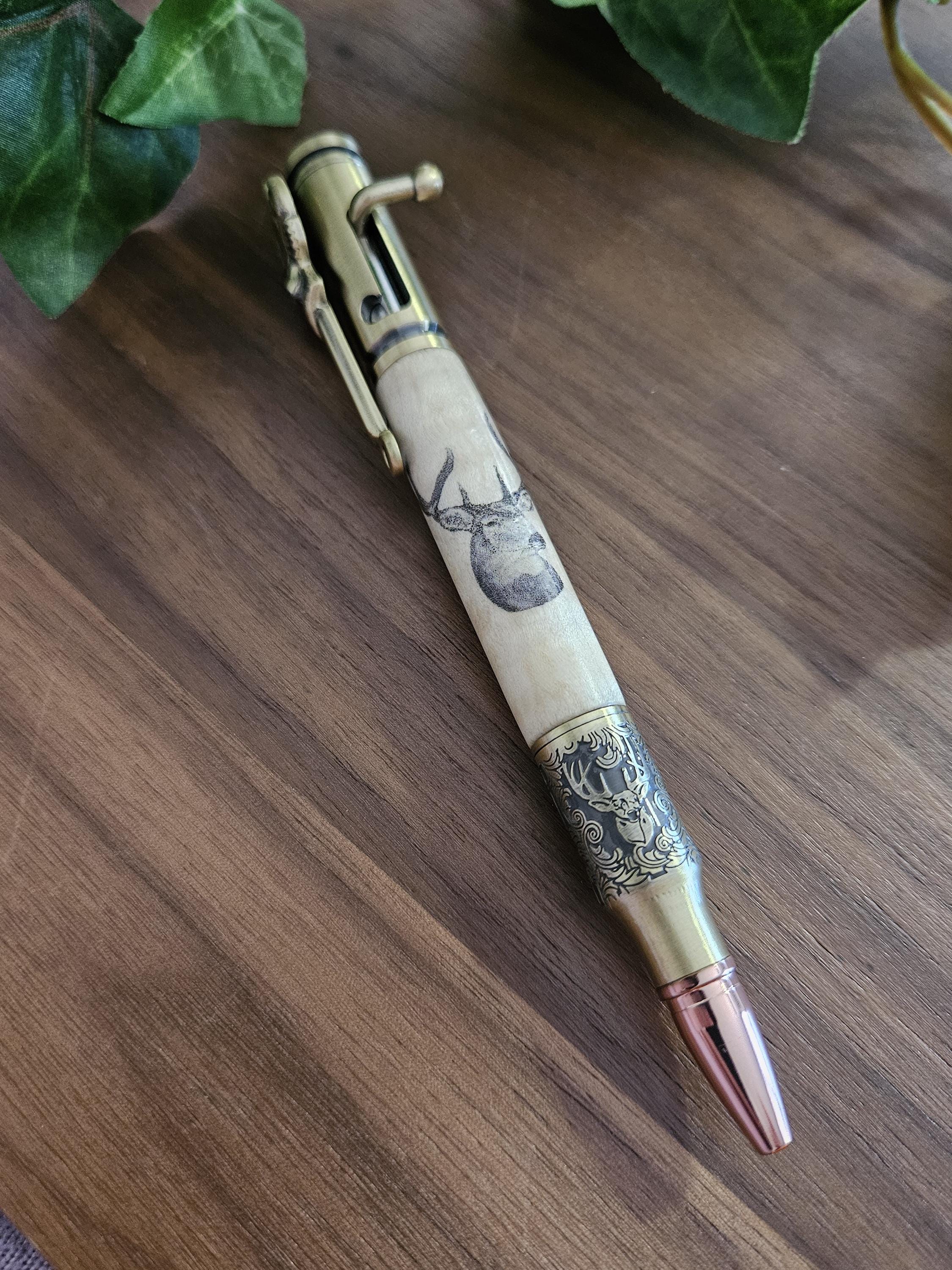Wooden Buck Deer Head Decal Pen on Curly Maple with an Antique Brass Bolt Action Deer Hunters Pen Kit