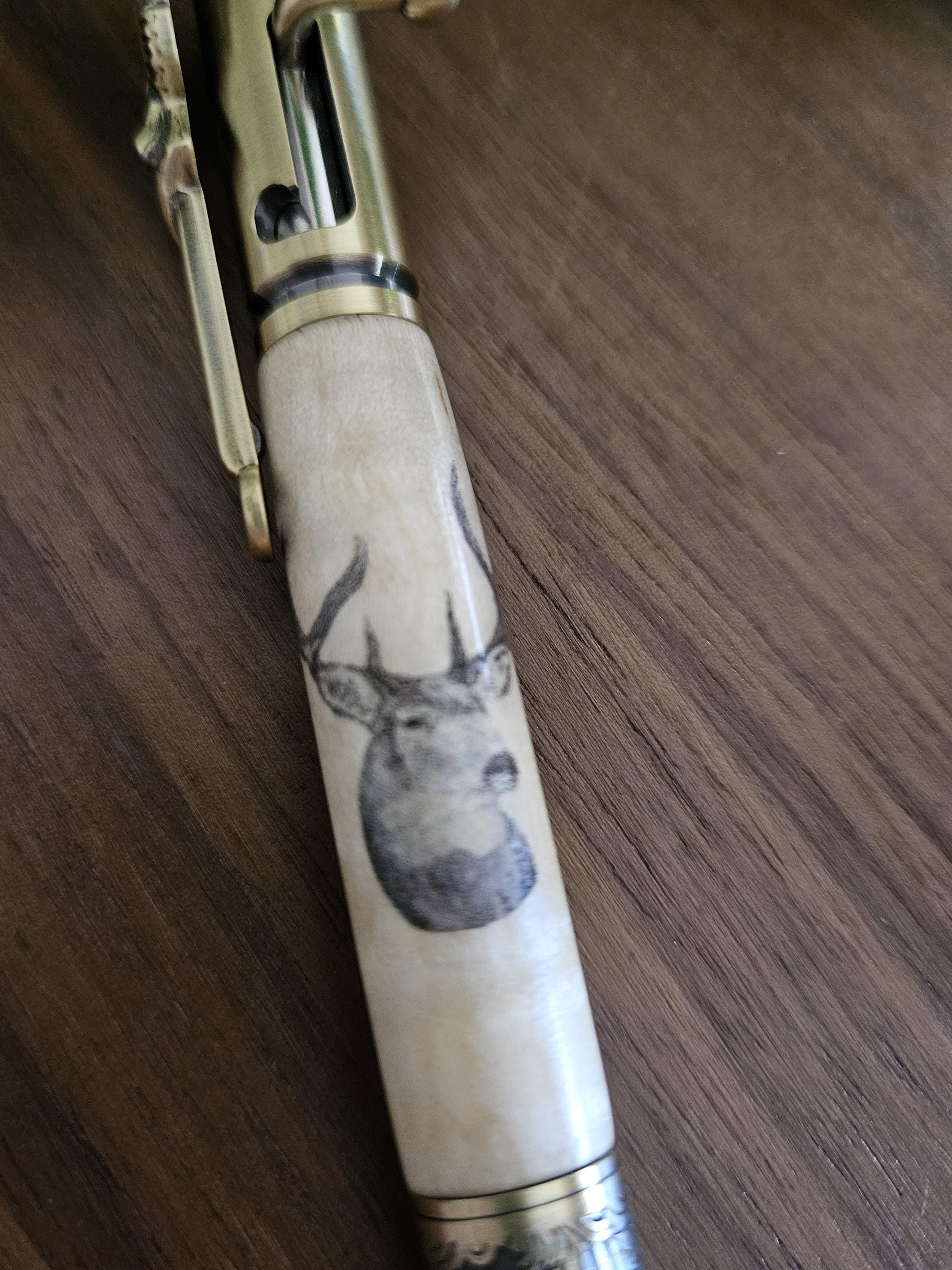 Wooden Buck Deer Head Decal Pen on Curly Maple with an Antique Brass Bolt Action Deer Hunters Pen Kit