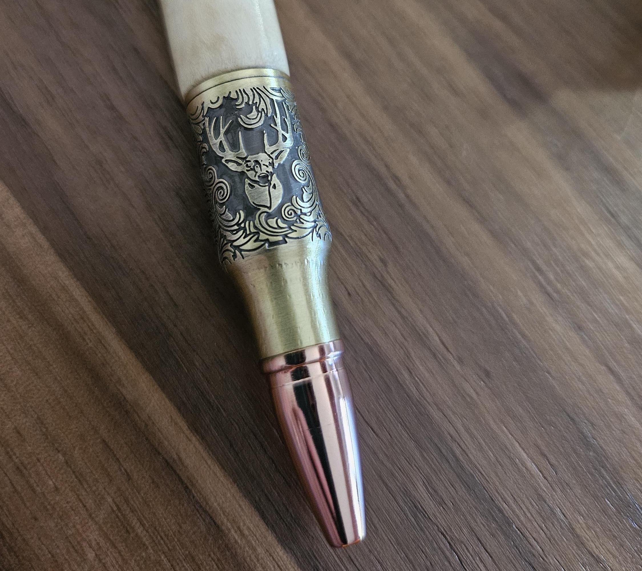 Wooden Buck Deer Head Decal Pen on Curly Maple with an Antique Brass Bolt Action Deer Hunters Pen Kit