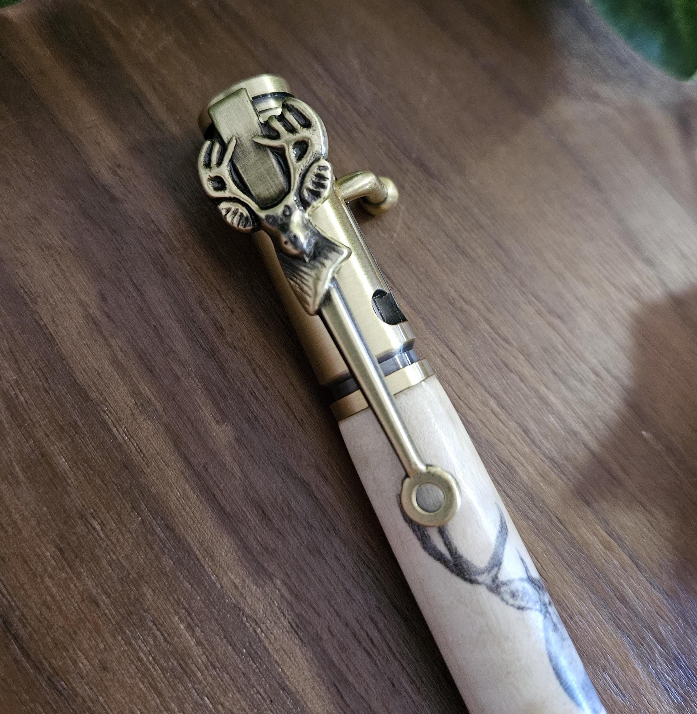 Wooden Buck Deer Head Decal Pen on Curly Maple with an Antique Brass Bolt Action Deer Hunters Pen Kit