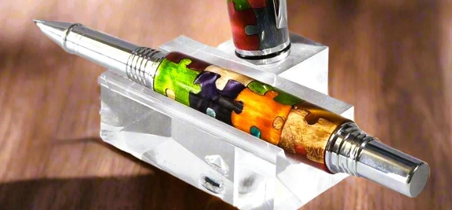 Wooden Advanced Puzzle Inlay Pen – Blue Autism Awareness Puzzle Piece, Capped & Postable, Chrome Pen Kit, Unique Gift for Autism Support
