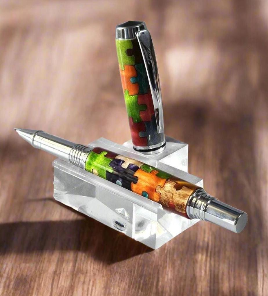 Wooden Advanced Puzzle Inlay Pen – Blue Autism Awareness Puzzle Piece, Capped & Postable, Chrome Pen Kit, Unique Gift for Autism Support